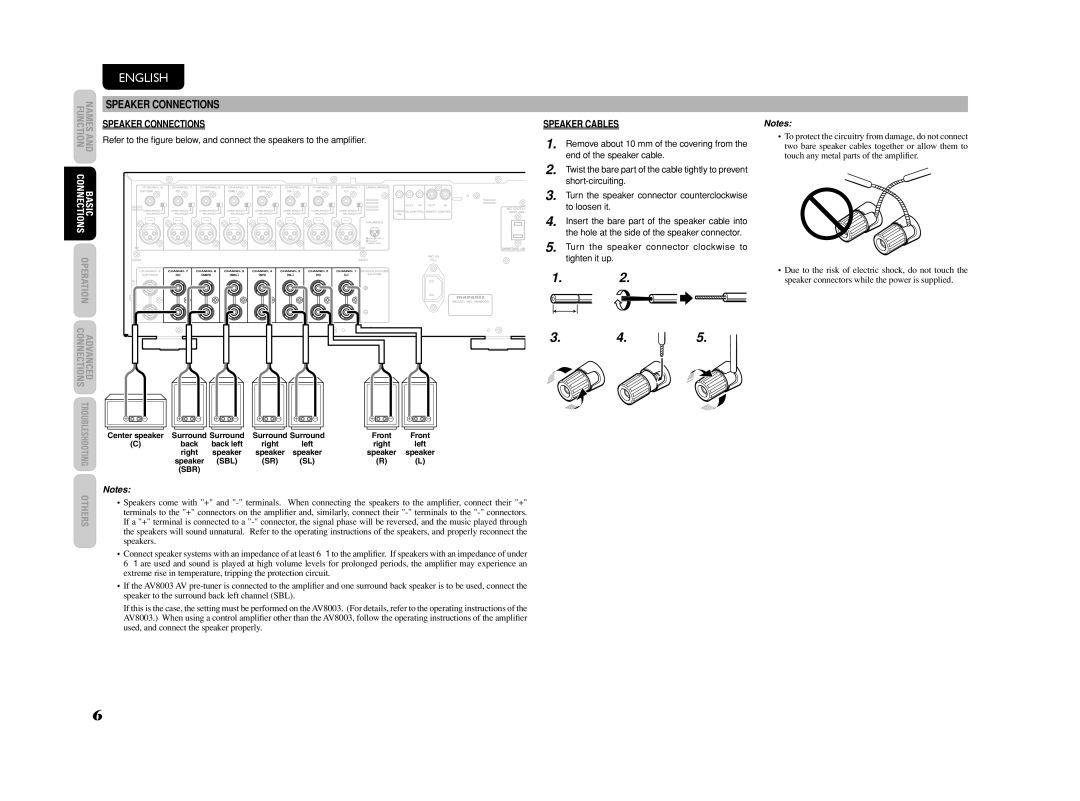 Marantz MM8003 manual Speaker Connections, Speaker Cables, Turn the speaker connector clockwise to tighten it up 