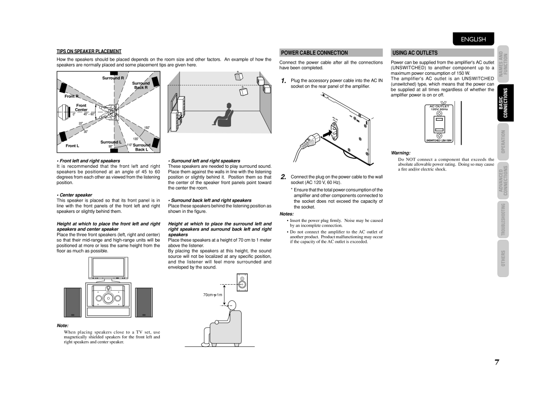 Marantz MM8003 manual Power Cable Connection, Using AC Outlets, Tips on Speaker Placement 