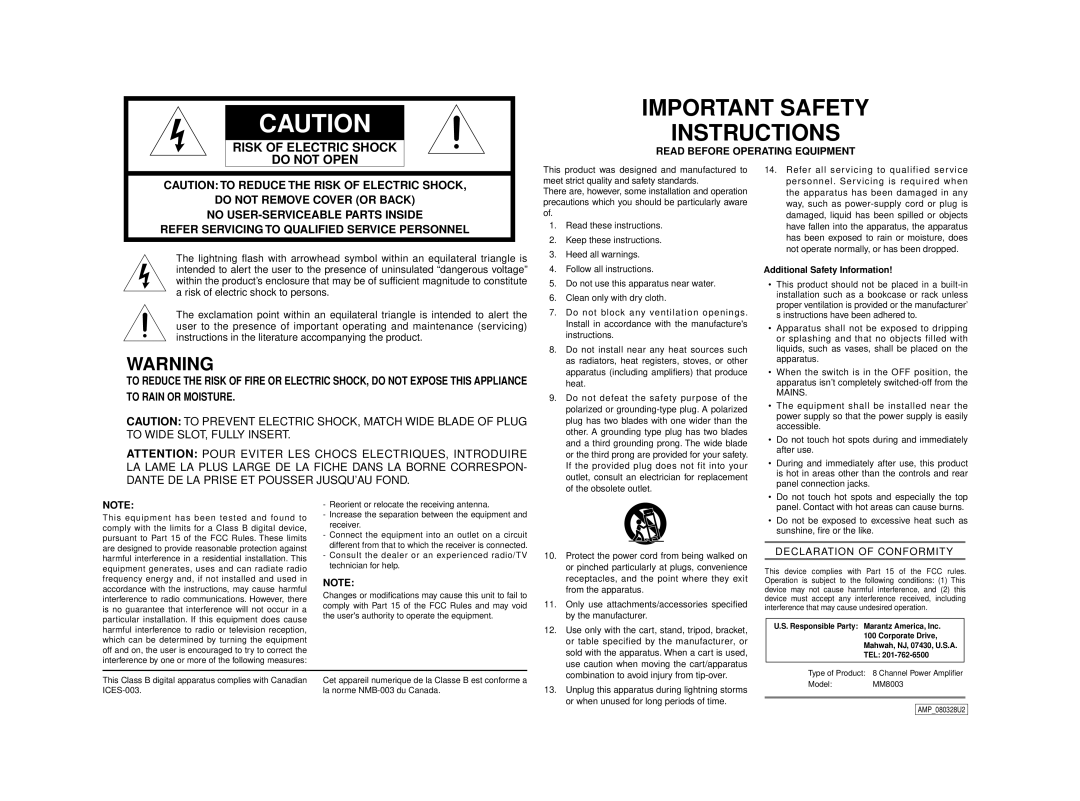 Marantz MM8003 manual Read Before Operating Equipment, Additional Safety Information 