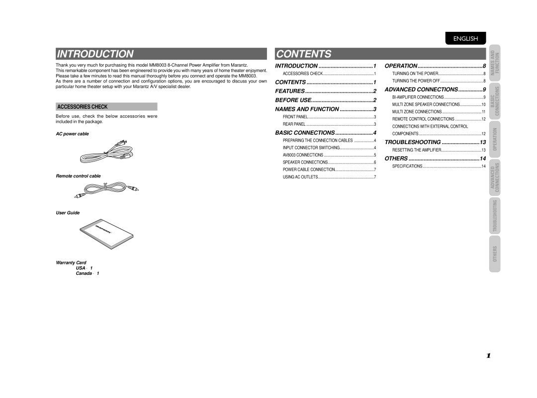 Marantz MM8003 manual Introduction, Contents 