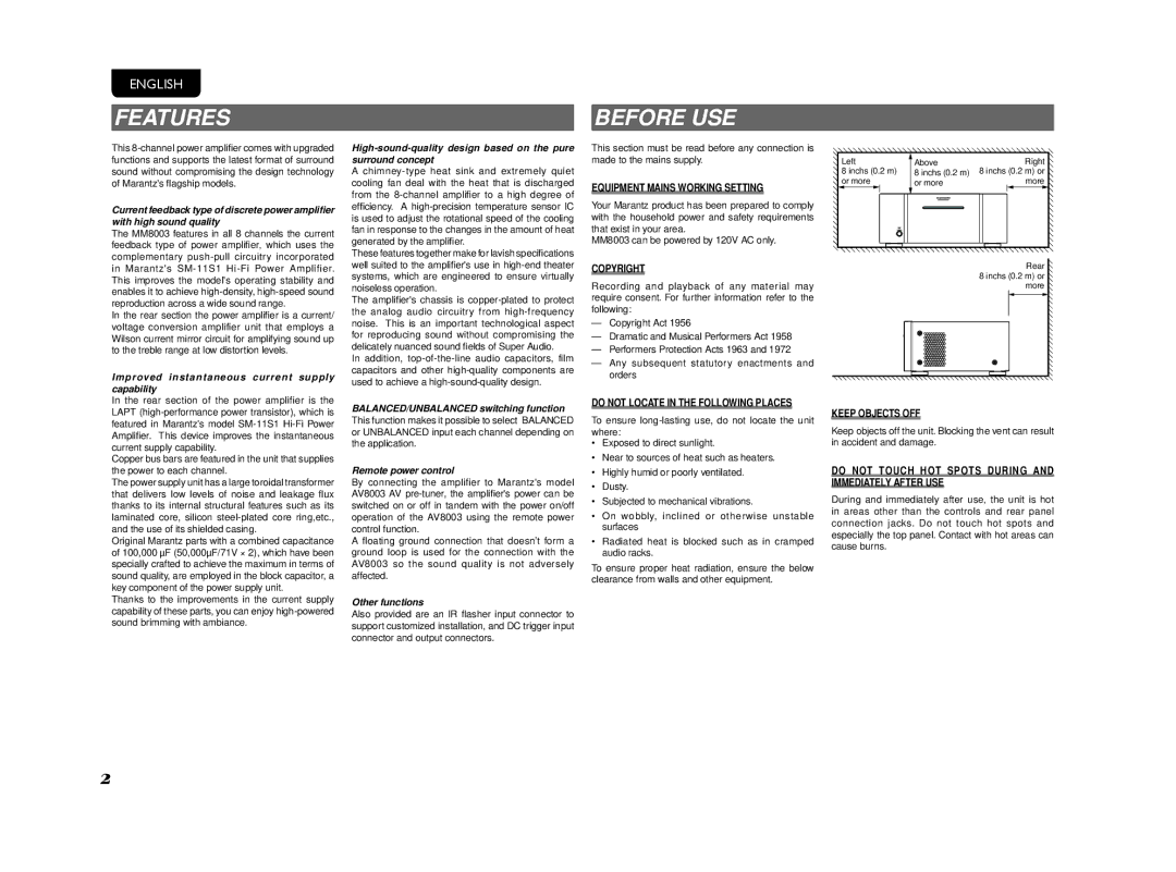 Marantz MM8003 manual Features 