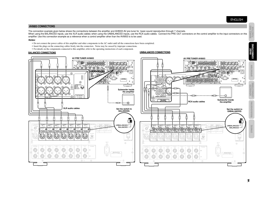 Marantz MM8003 manual AV8003 Connections, Unbalanced Connections 