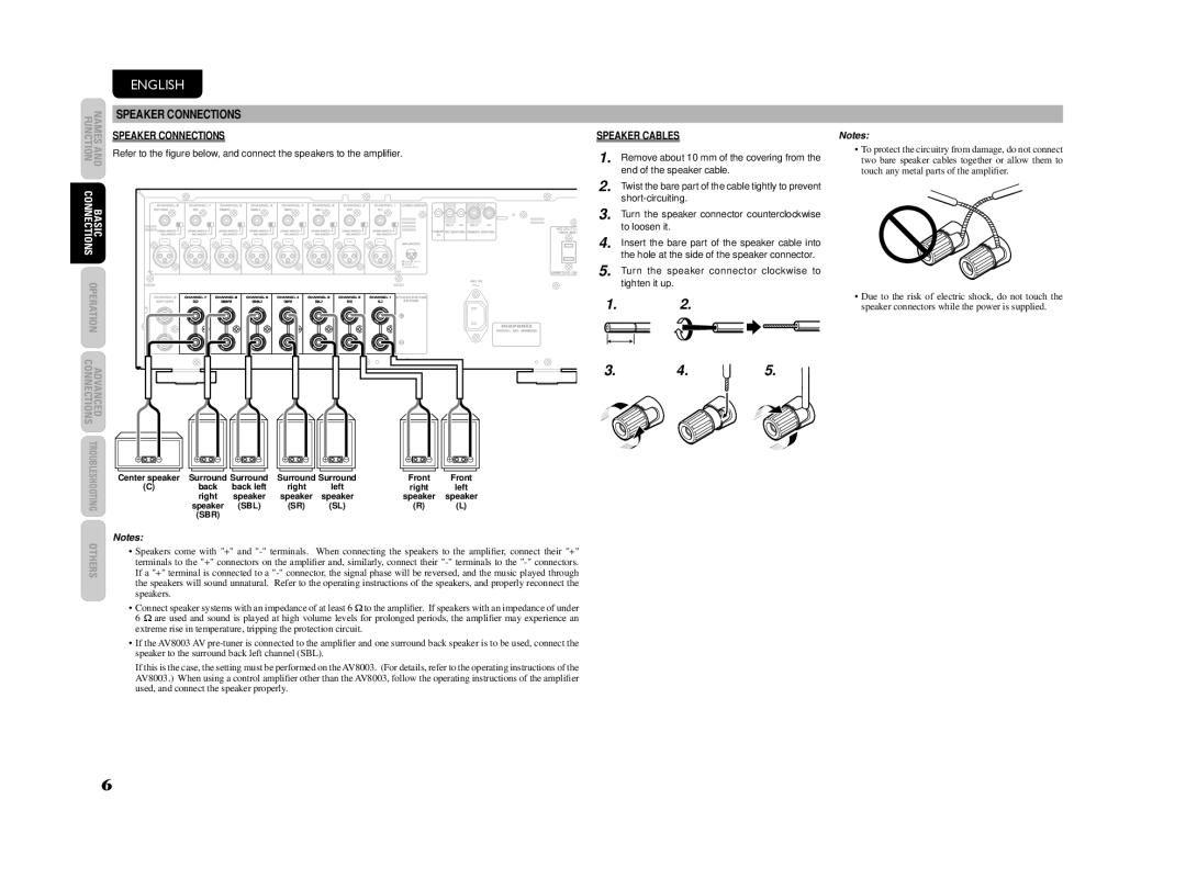 Marantz MM8003 manual Speaker Connections, Speaker Cables, Turn the speaker connector clockwise to tighten it up 