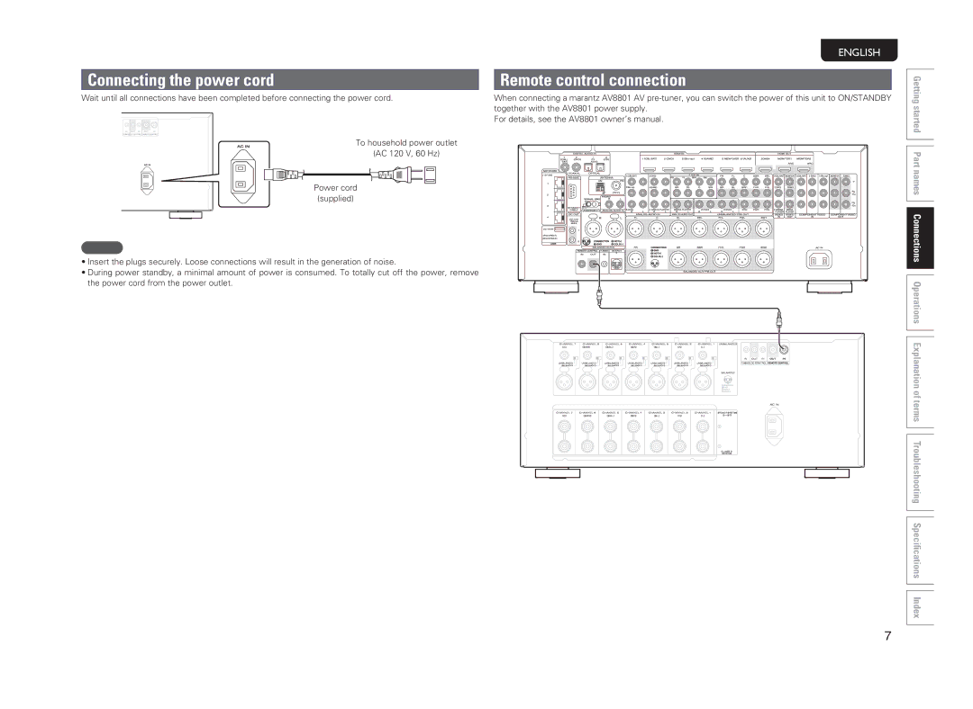 Marantz MM8077 owner manual Connecting the power cord, Remote control connection 