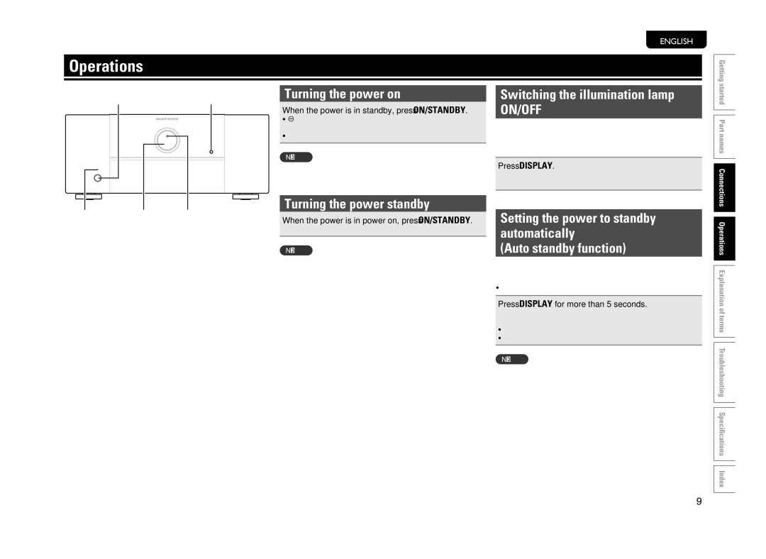 Marantz MM8077 owner manual Operations, Turning the power on, Switching the illumination lamp, Turning the power standby 