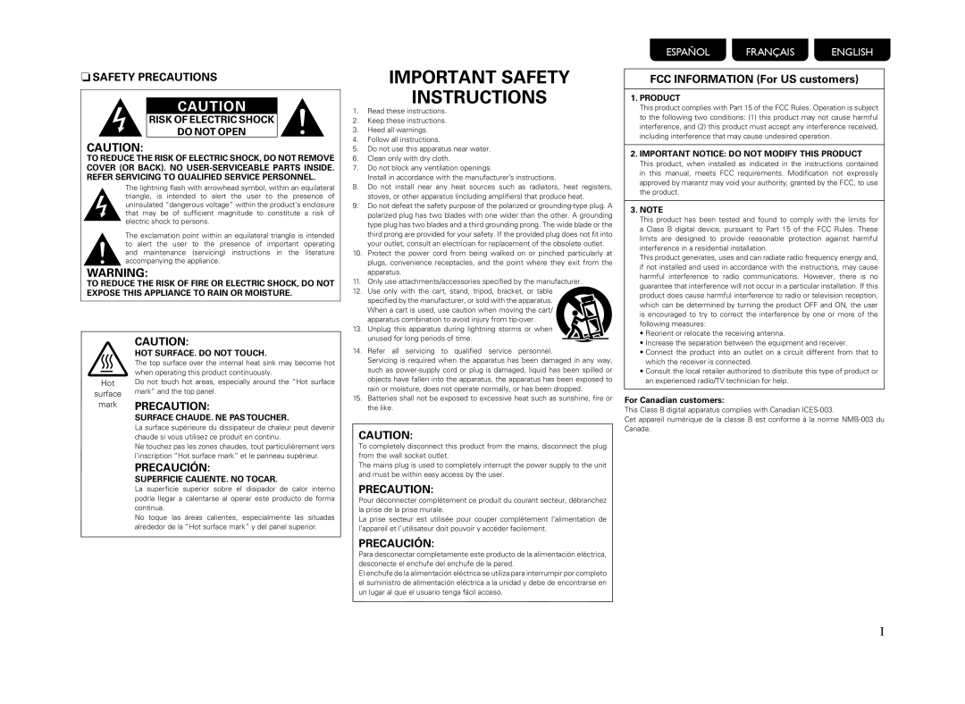 Marantz MM8077 owner manual NSAFETY Precautions, For Canadian customers 