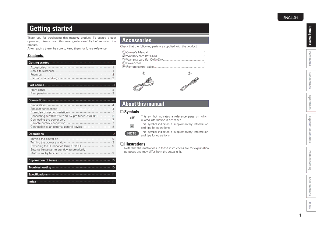 Marantz MM8077 owner manual Getting started, Accessories, About this manual 