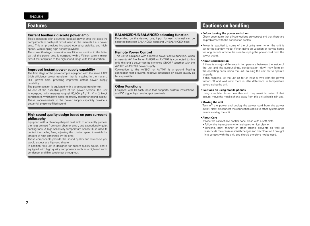 Marantz MM8077 owner manual Features, Before turning the power switch on, About condensation, Moving the unit, About Care 