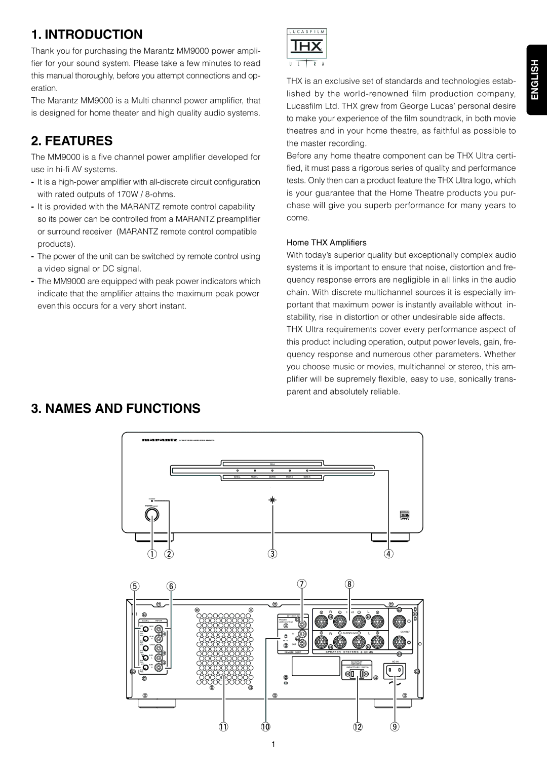 Marantz MM9000 manual Introduction, Features, Names and Functions 