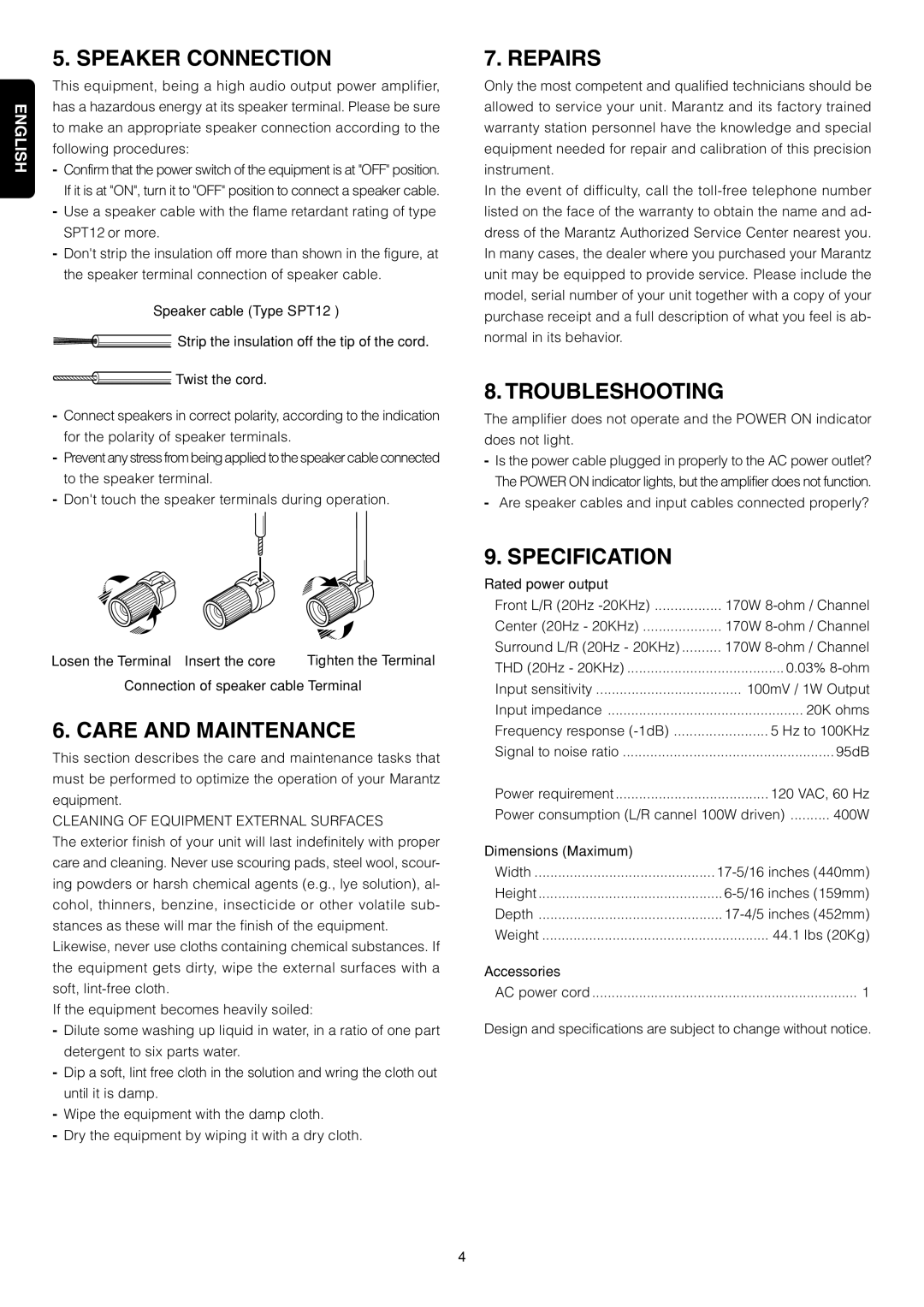 Marantz MM9000 manual Speaker Connection, Care and Maintenance, Repairs, Troubleshooting, Specification 