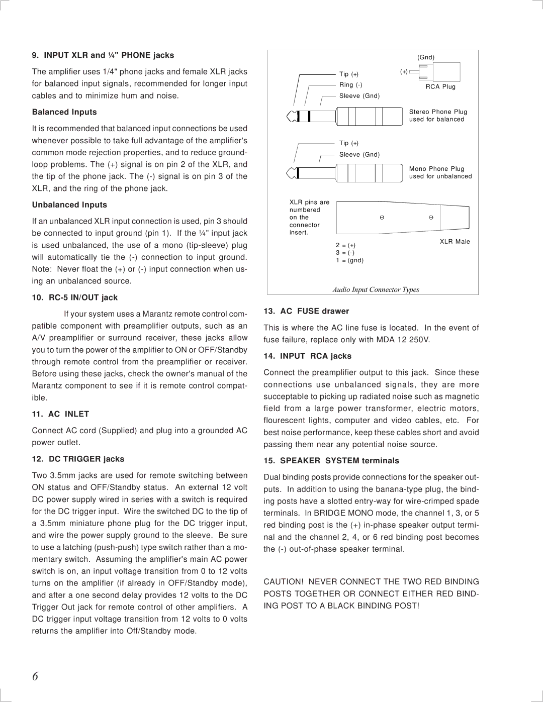 Marantz MM9360 manual Input XLR and ¼ Phone jacks, Balanced Inputs, Unbalanced Inputs, RC-5 IN/OUT jack, DC Trigger jacks 