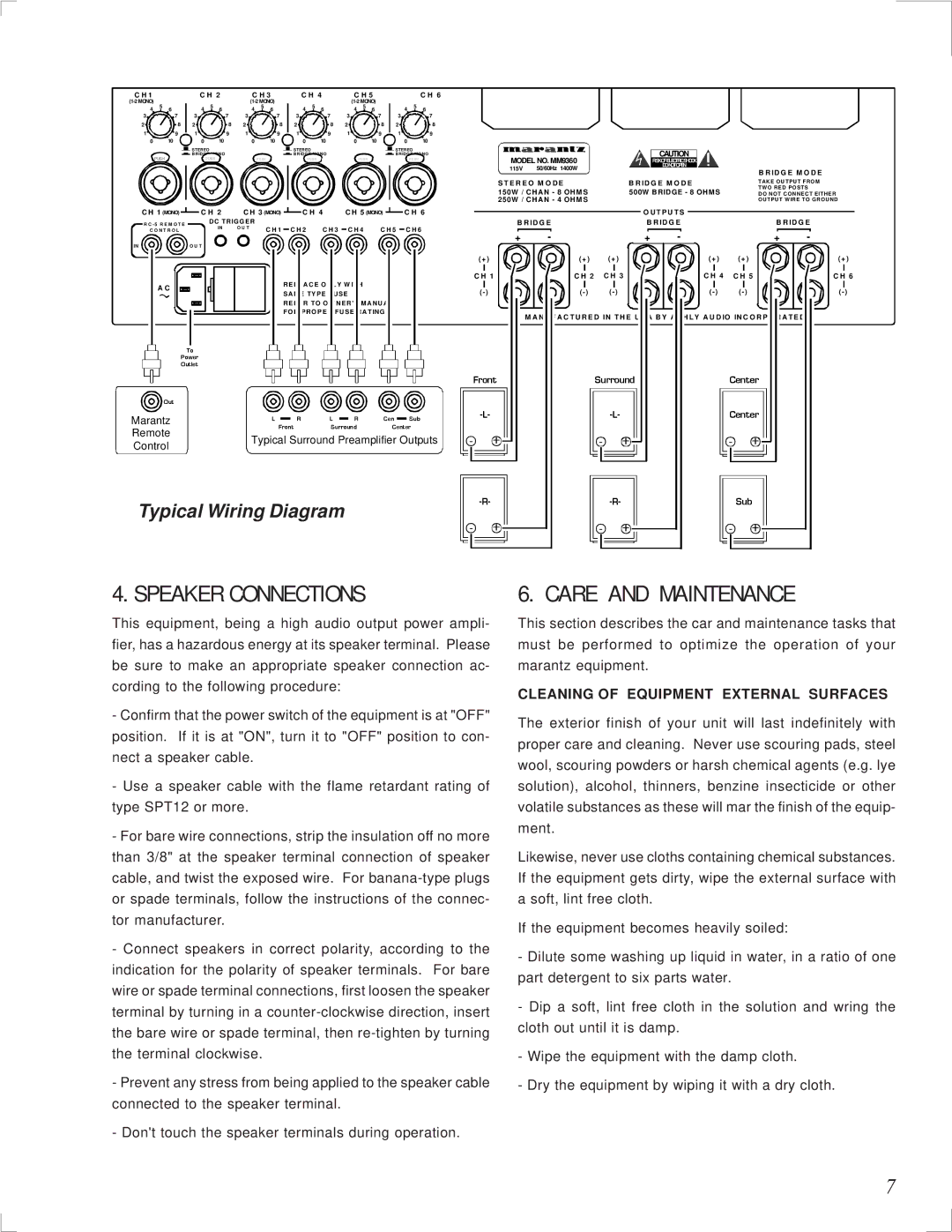 Marantz MM9360 manual Speaker Connections, Care and Maintenance 