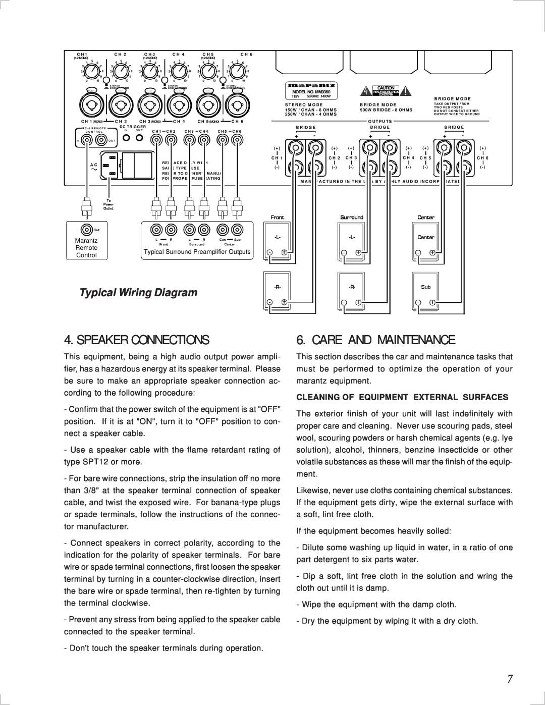 Marantz MM9360 Speaker Connections, Care And Maintenance, Typical Wiring Diagram, Cleaning Of Equipment External Surfaces 