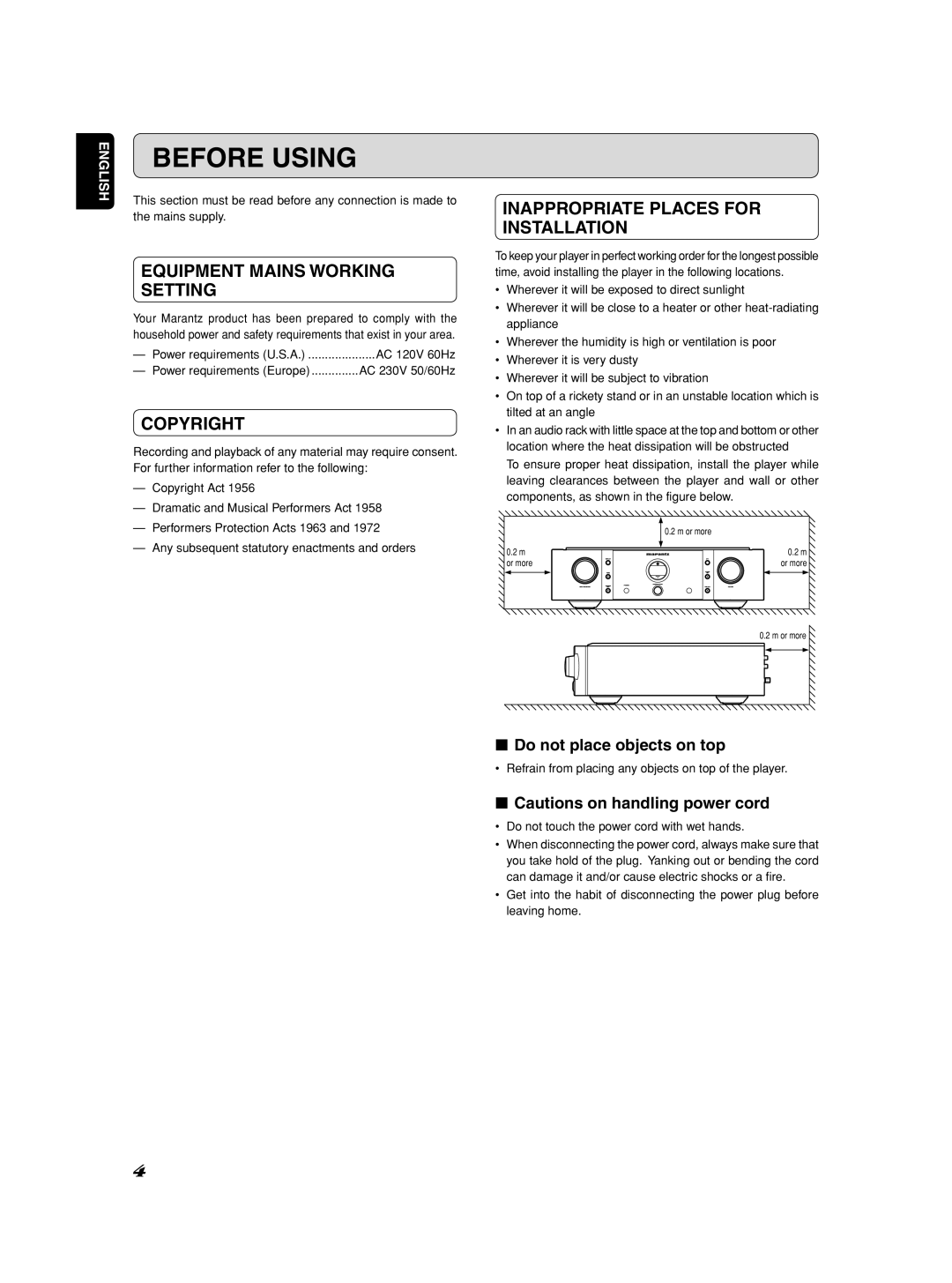 Marantz Model SC-11S1 Before Using, Equipment Mains Working Setting, Copyright, Inappropriate Places for Installation 