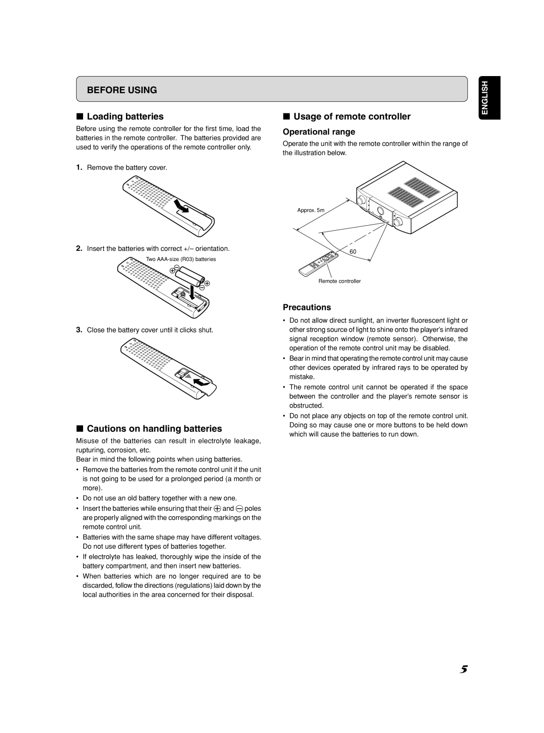 Marantz Model SC-11S1 manual Loading batteries, Operational range, Precautions 