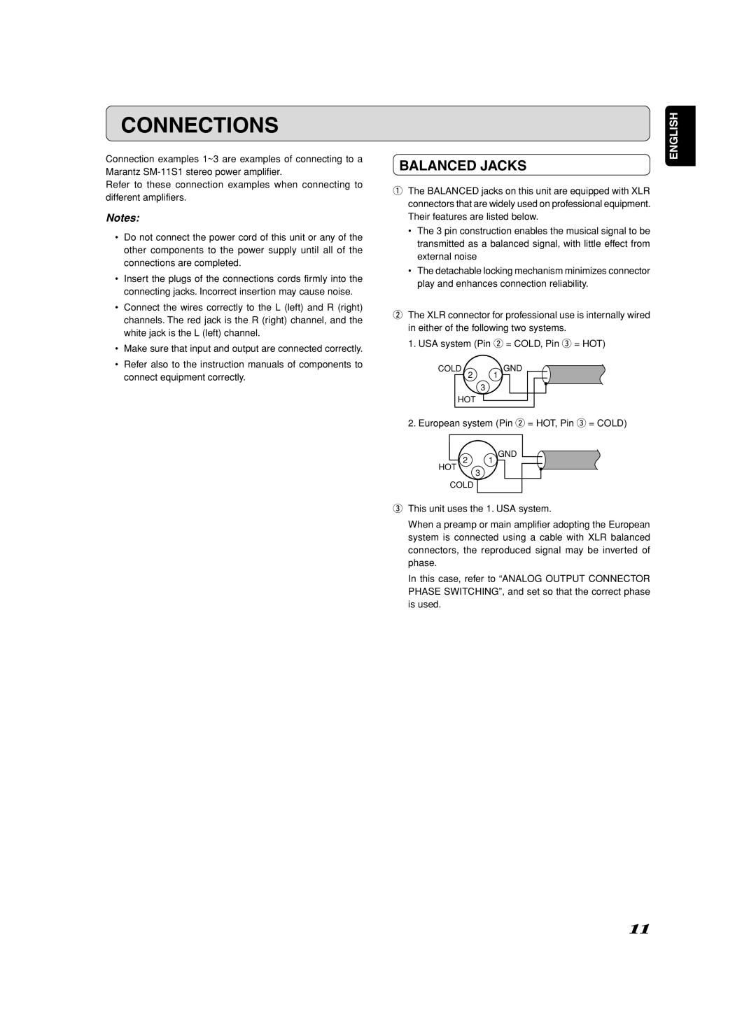 Marantz Model SC-11S1 manual Connections, Balanced Jacks 