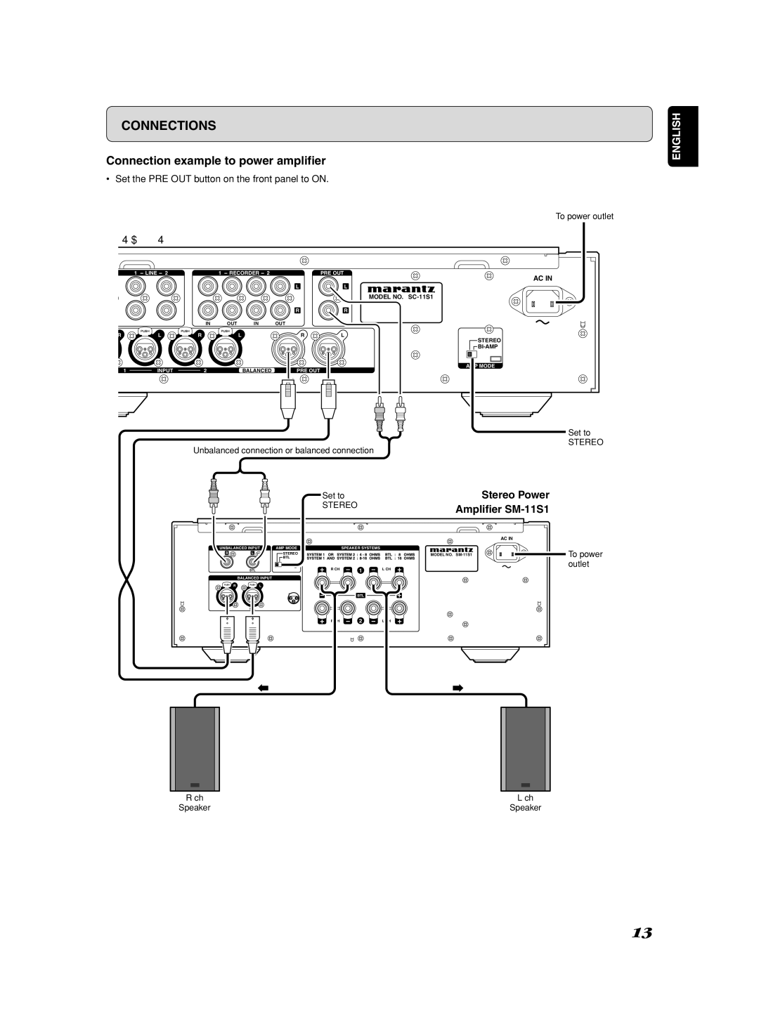 Marantz Model SC-11S1 manual Connection example to power amplifier 