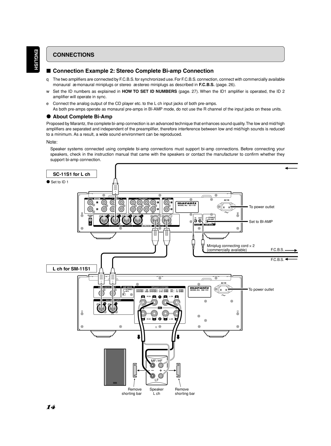 Marantz Model SC-11S1 Connection Example 2 Stereo Complete Bi-amp Connection, ¶ About Complete Bi-Amp, SC-11S1 for L ch 