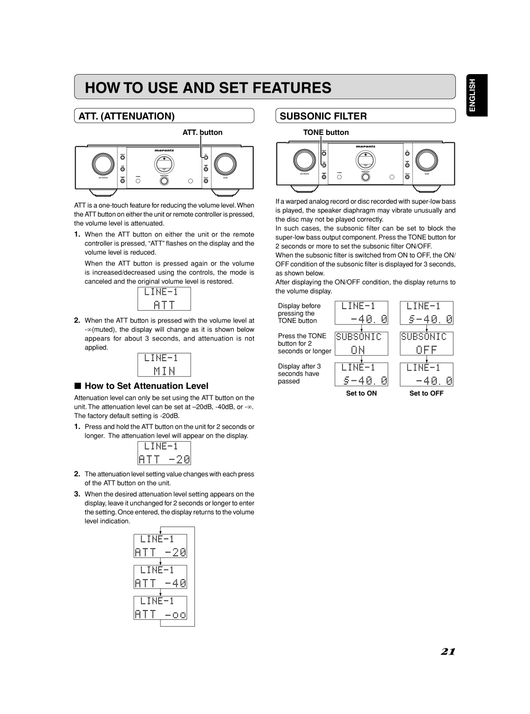 Marantz Model SC-11S1 manual HOW to USE and SET Features, ATT. Attenuation Subsonic Filter, How to Set Attenuation Level 