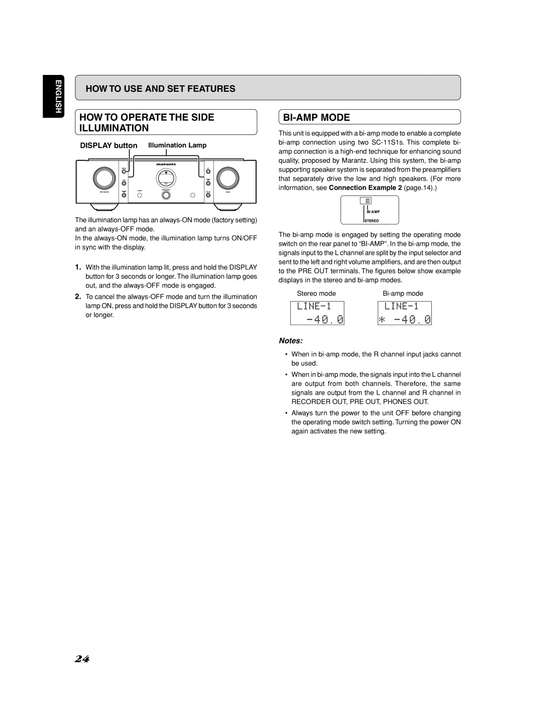 Marantz Model SC-11S1 manual HOW to Operate the Side Illumination, BI-AMP Mode, Display button 