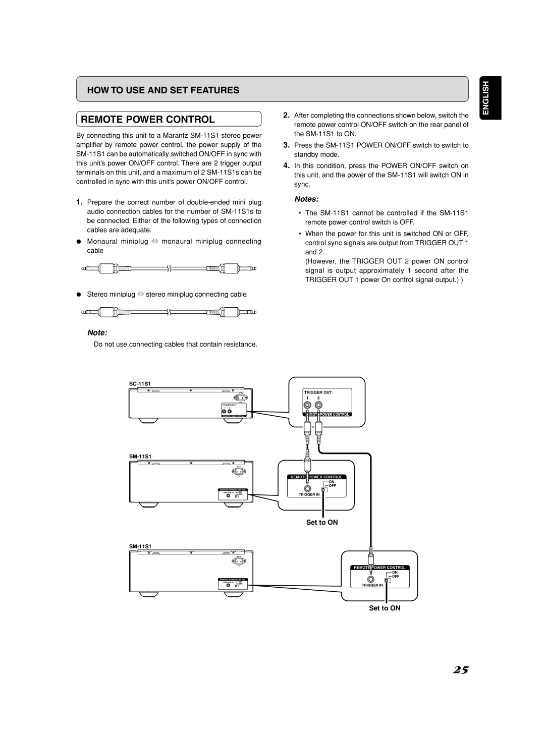 Marantz Model SC-11S1 manual Remote Power Control, Do not use connecting cables that contain resistance 