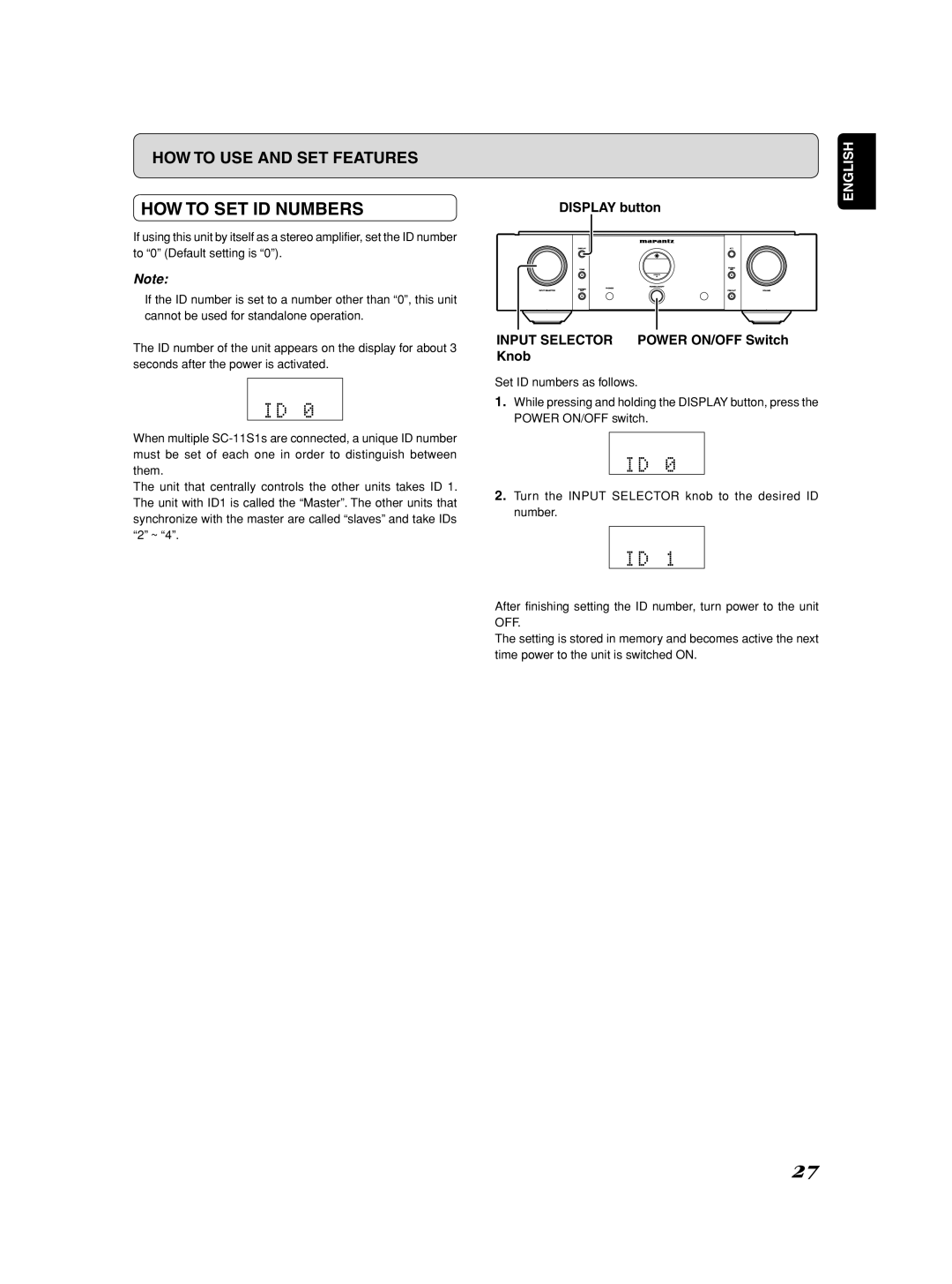 Marantz Model SC-11S1 manual HOW to SET ID Numbers, Input Selector Power ON/OFF Switch Knob 