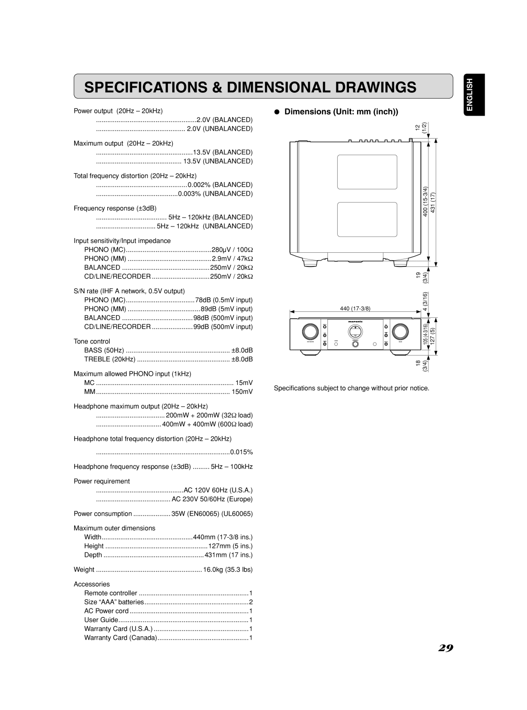 Marantz Model SC-11S1 manual Specifications & Dimensional Drawings, ¶ Dimensions Unit mm inch 