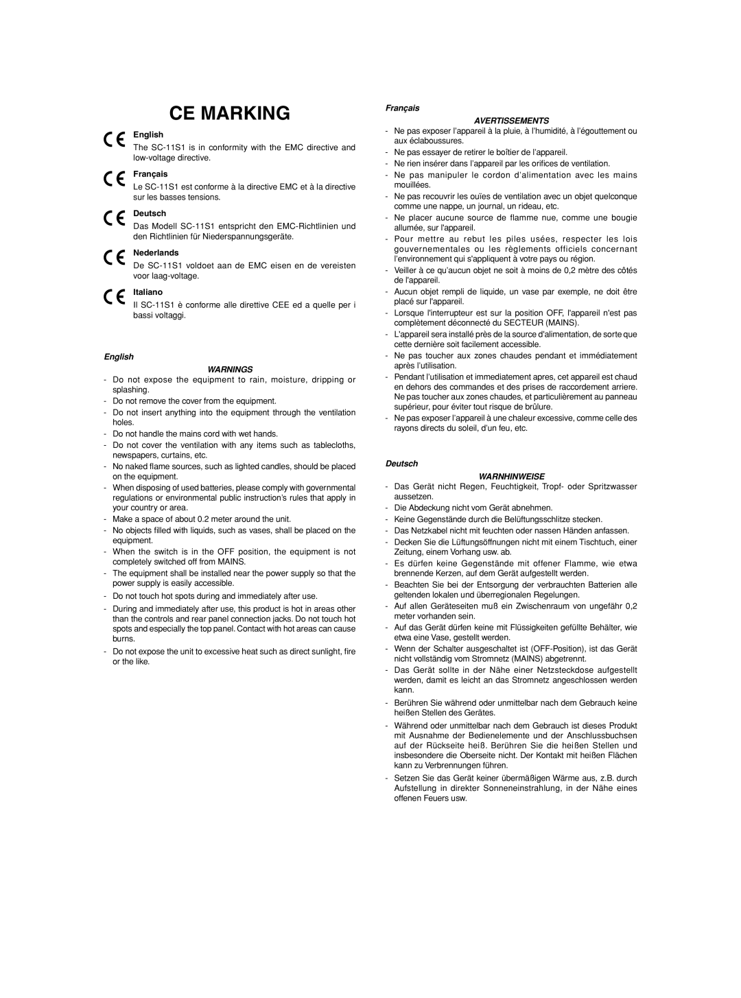 Marantz Model SC-11S1 manual CE Marking 