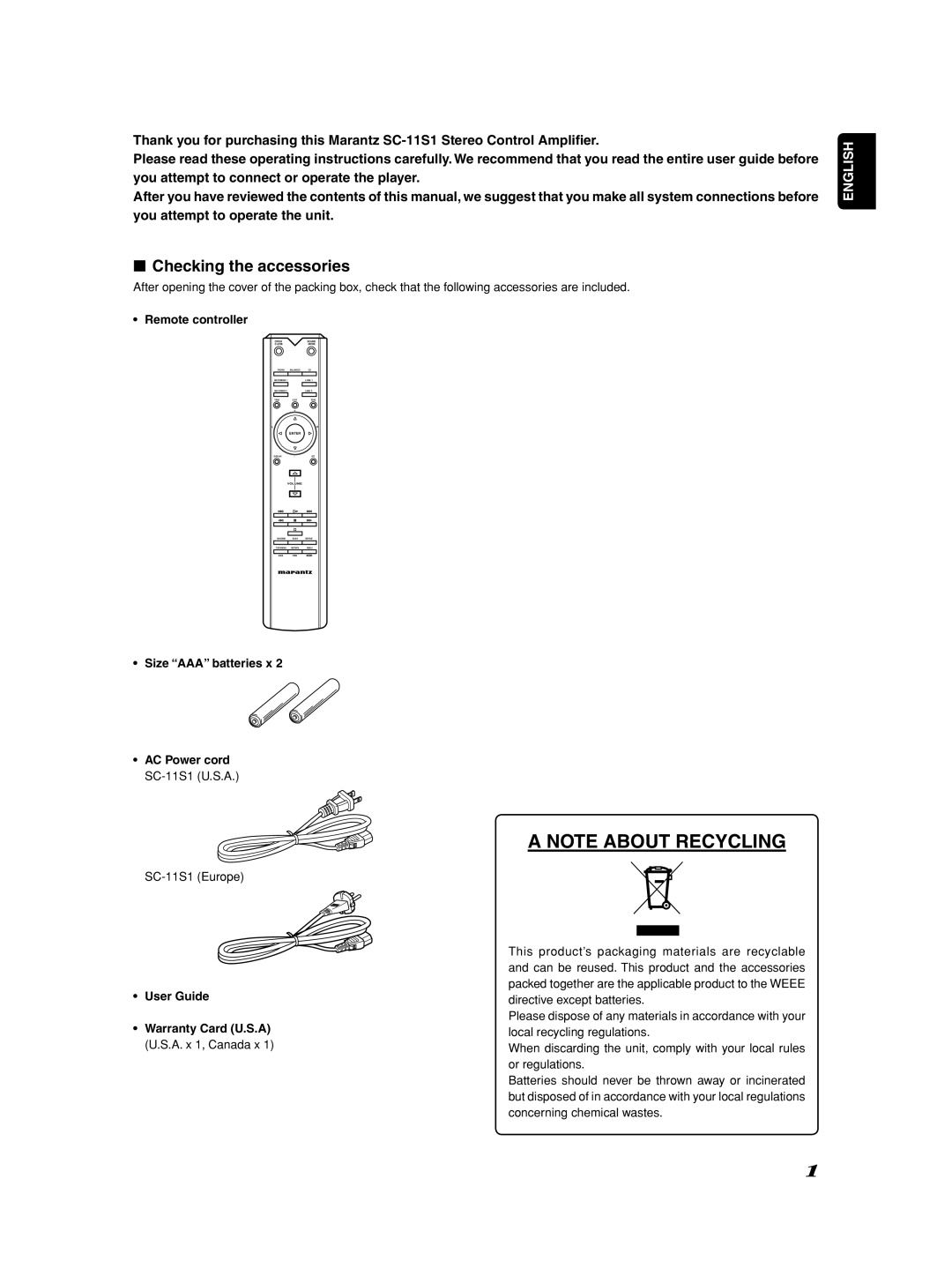 Marantz Model SC-11S1 manual Checking the accessories, Remote controller 