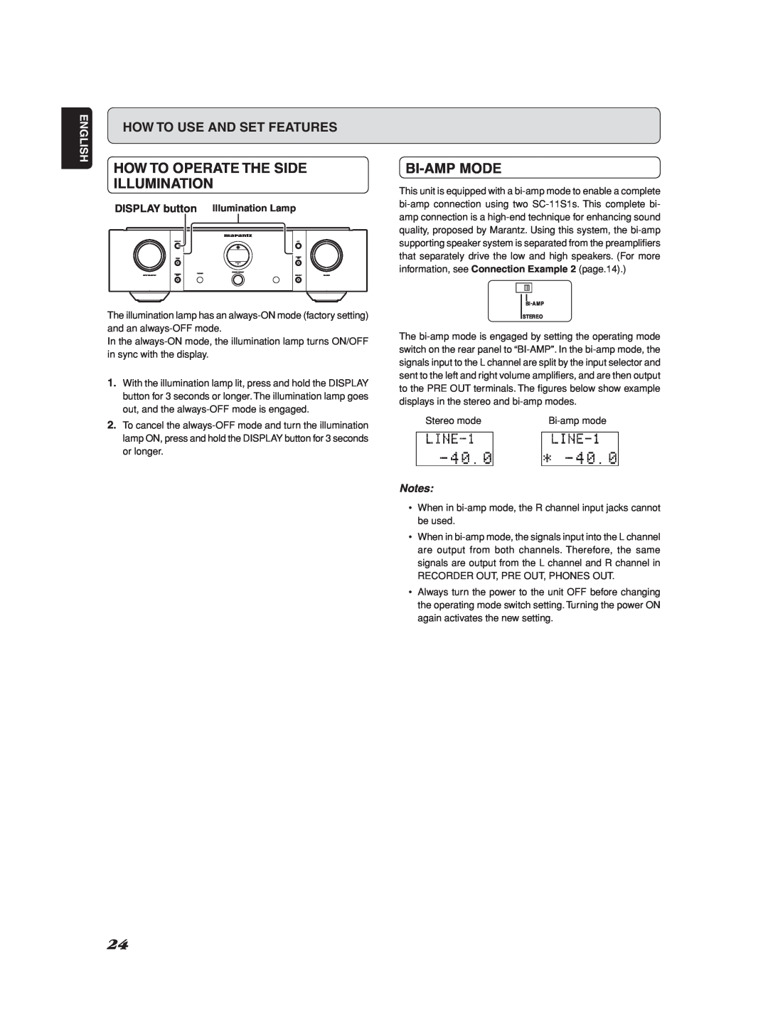 Marantz Model SC-11S1 manual How To Operate The Side Illumination, Bi-Ampmode, English, Illumination Lamp 