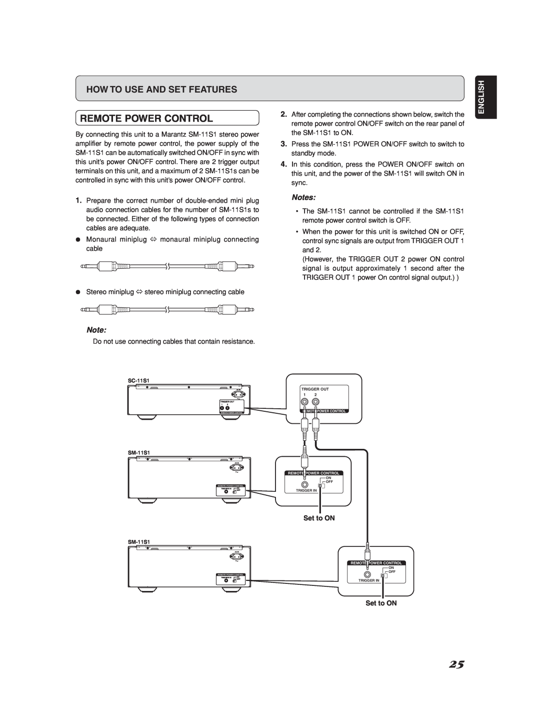 Marantz Model SC-11S1 manual Remote Power Control, English, Set to ON 