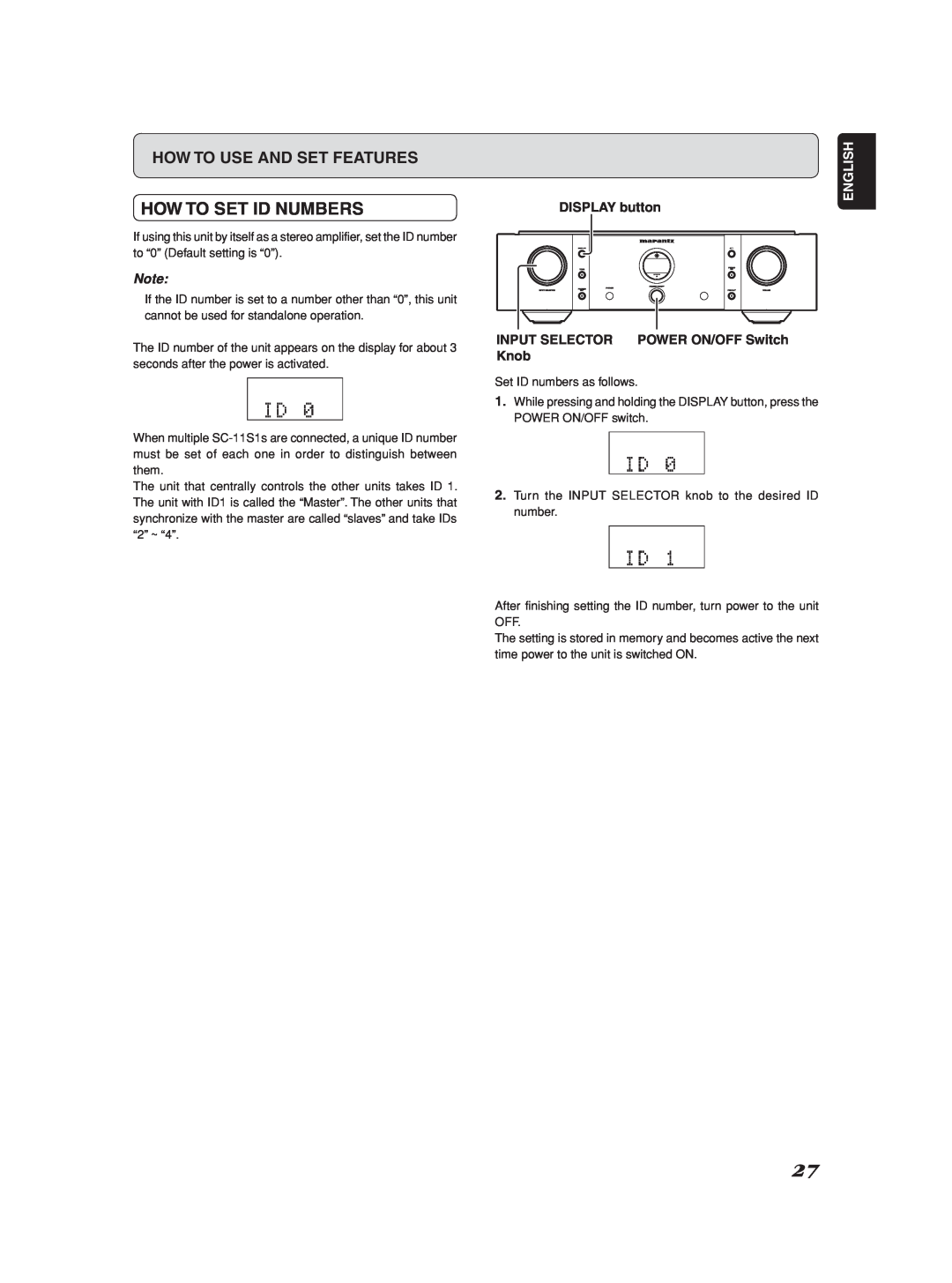 Marantz Model SC-11S1 manual How To Set Id Numbers, English, DISPLAY button, INPUT SELECTOR POWER ON/OFF Switch Knob 