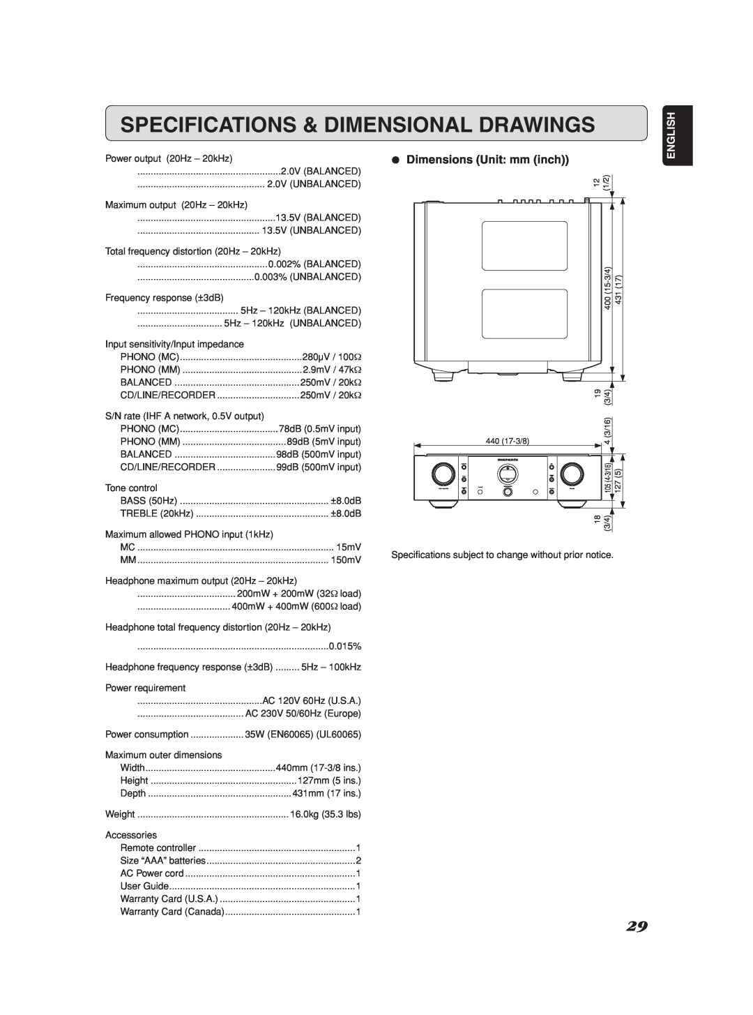 Marantz Model SC-11S1 manual Specifications & Dimensional Drawings, ¶ Dimensions Unit mm inch, English 