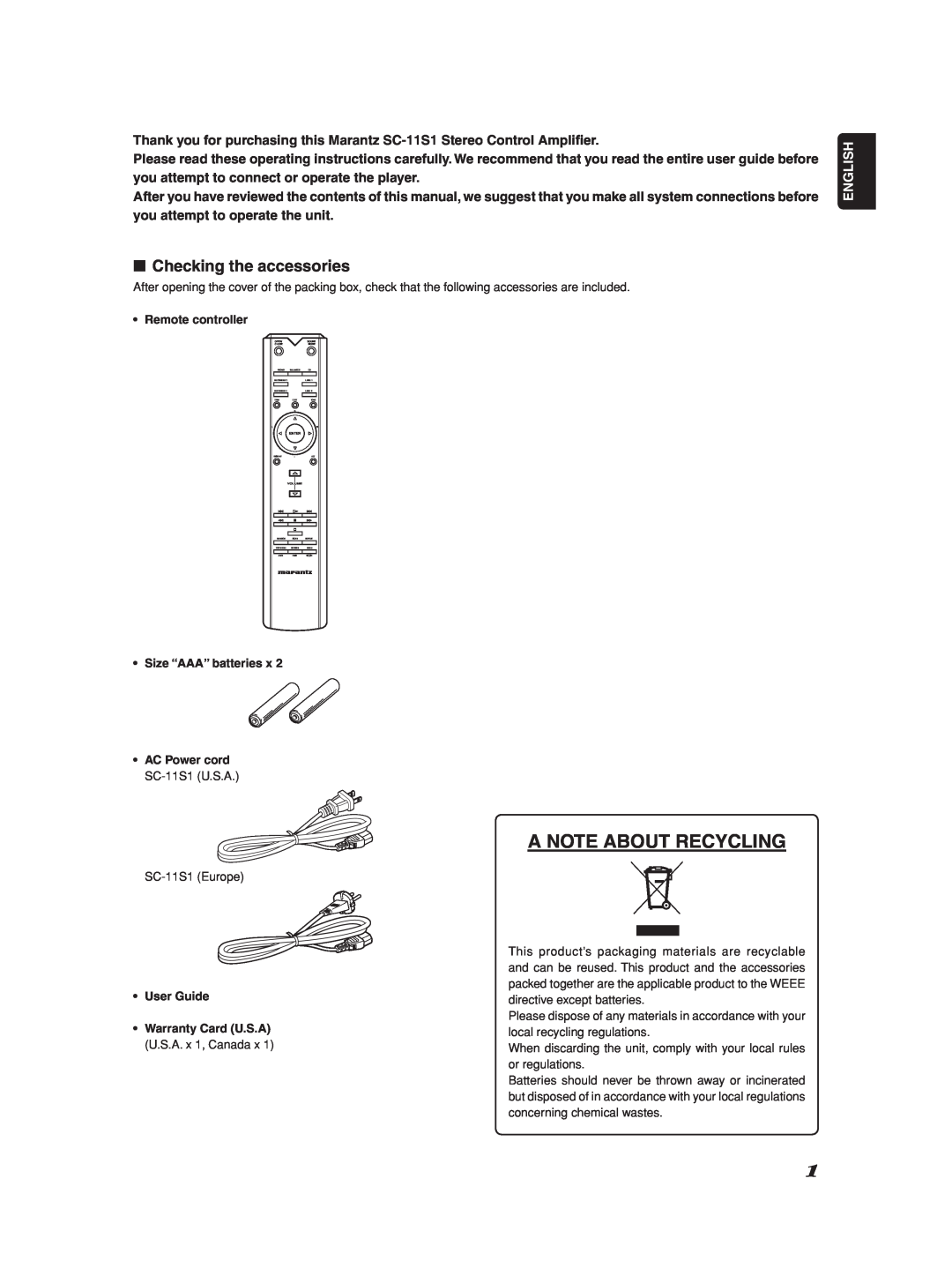 Marantz Model SC-11S1 manual A Note About Recycling, 7Checking the accessories, English 