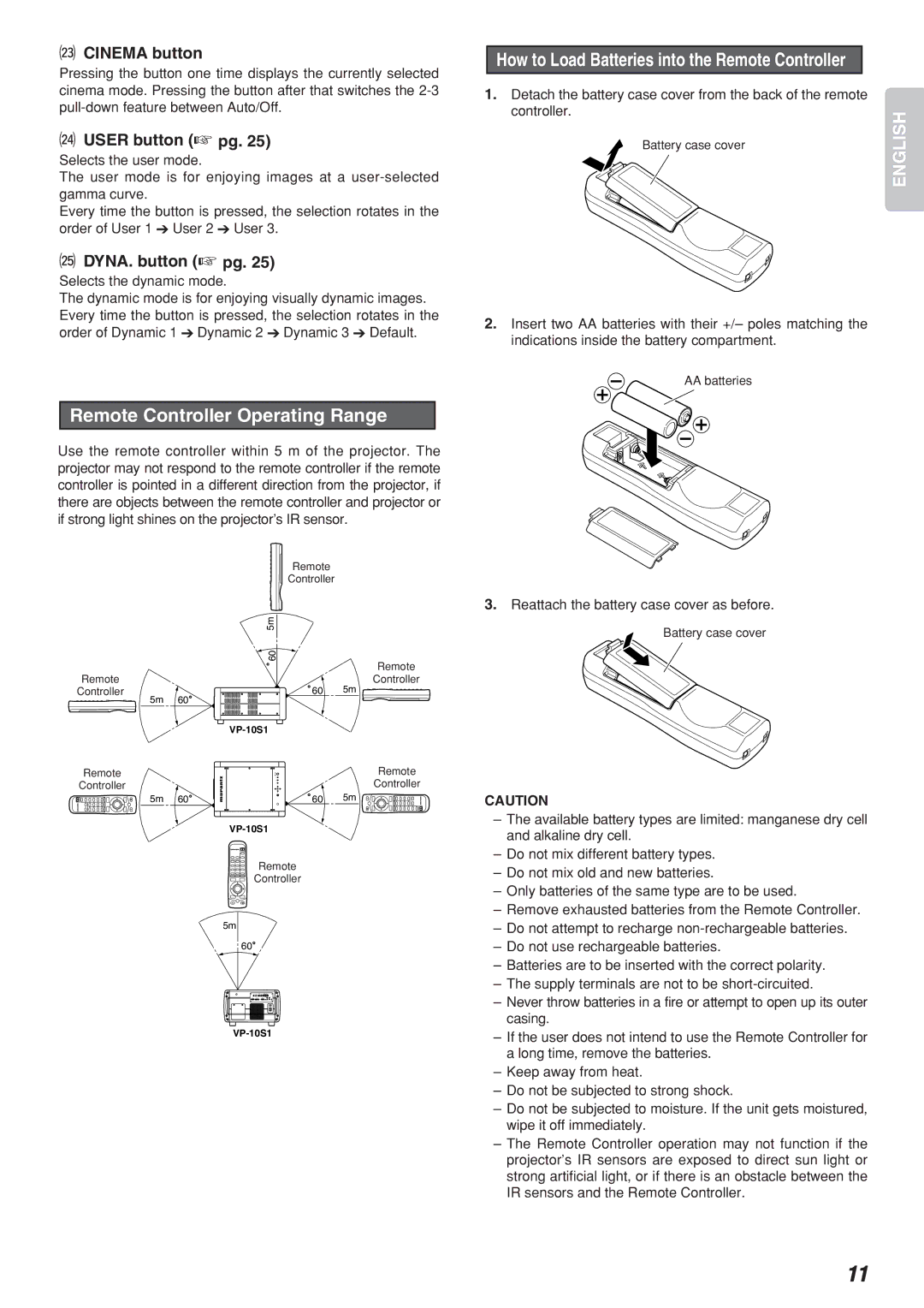 Marantz Model VP-10S1 manual Remote Controller Operating Range 