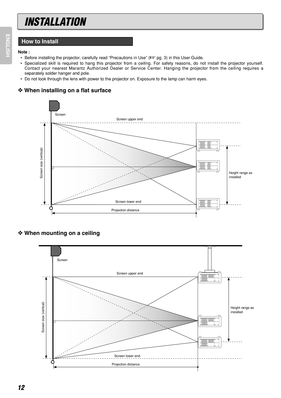 Marantz Model VP-10S1 manual Installation, How to Install, When installing on a flat surface, When mounting on a ceiling 