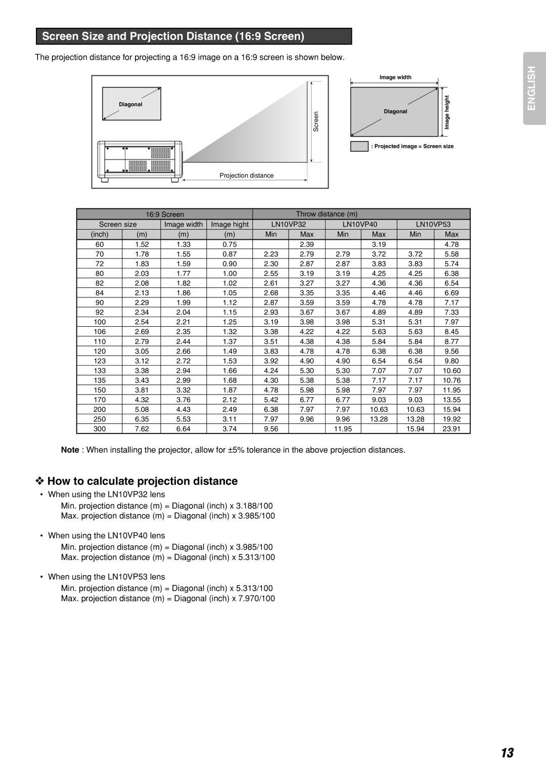 Marantz Model VP-10S1 manual Screen Size and Projection Distance 169 Screen, How to calculate projection distance 