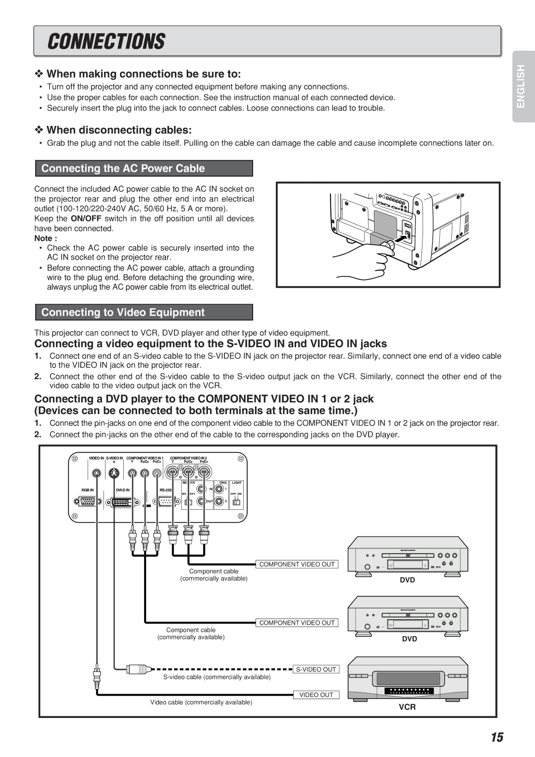 Marantz Model VP-10S1 manual Connections, When making connections be sure to, When disconnecting cables 