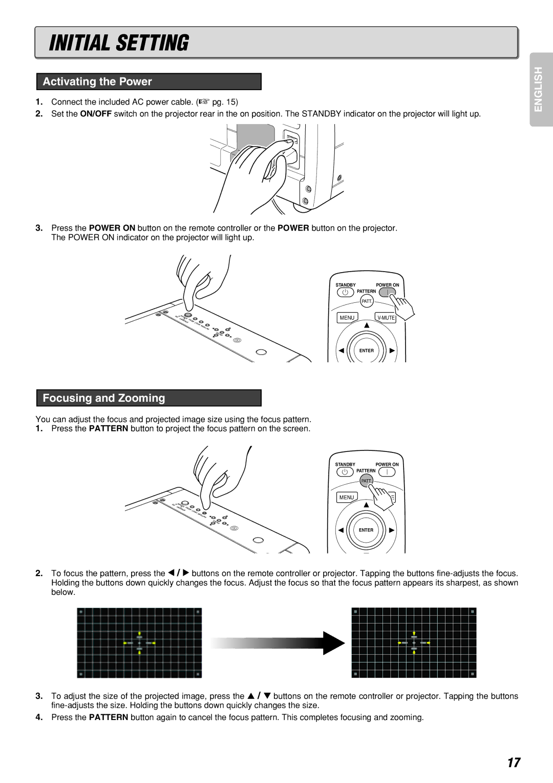 Marantz Model VP-10S1 manual Initial Setting, Activating the Power, Focusing and Zooming 