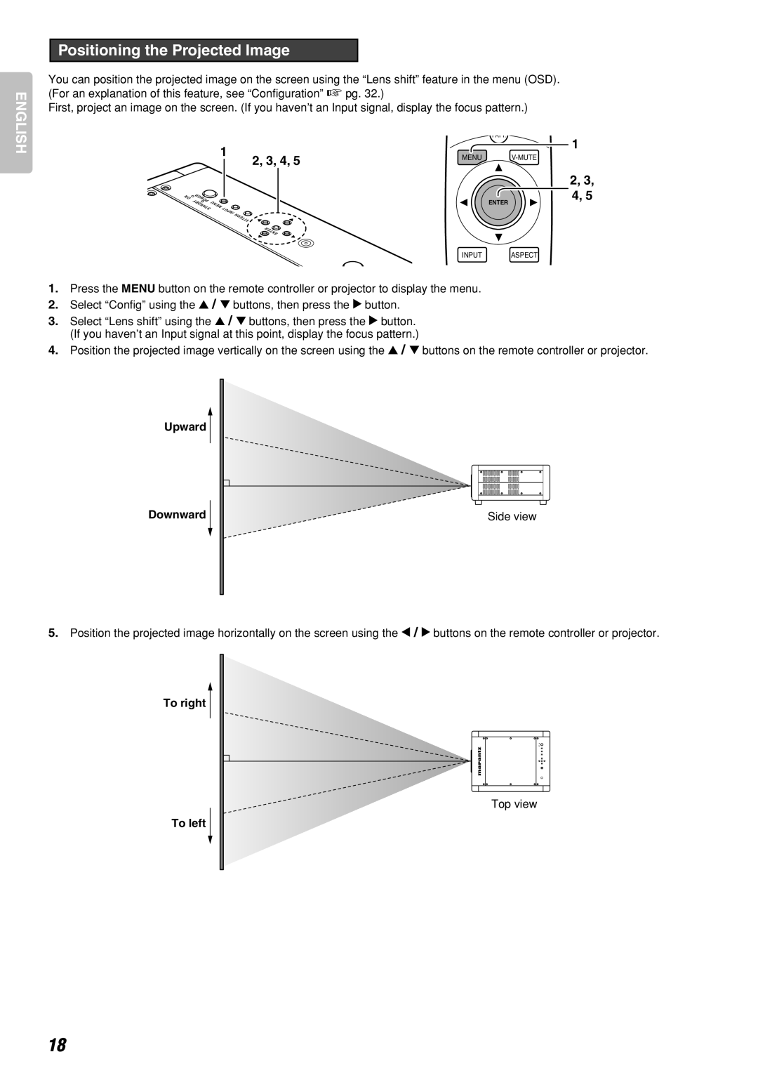 Marantz Model VP-10S1 manual Positioning the Projected Image, Upward Downward Side view, To right, Top view, To left 