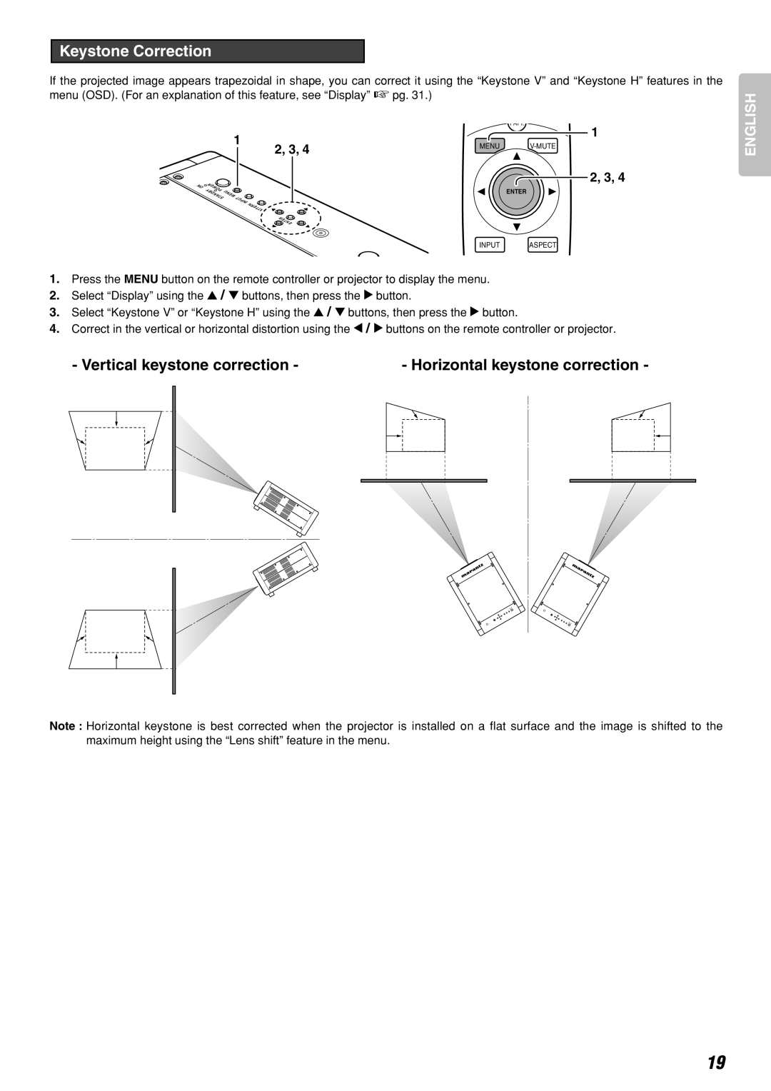 Marantz Model VP-10S1 manual Keystone Correction, Vertical keystone correction Horizontal keystone correction 