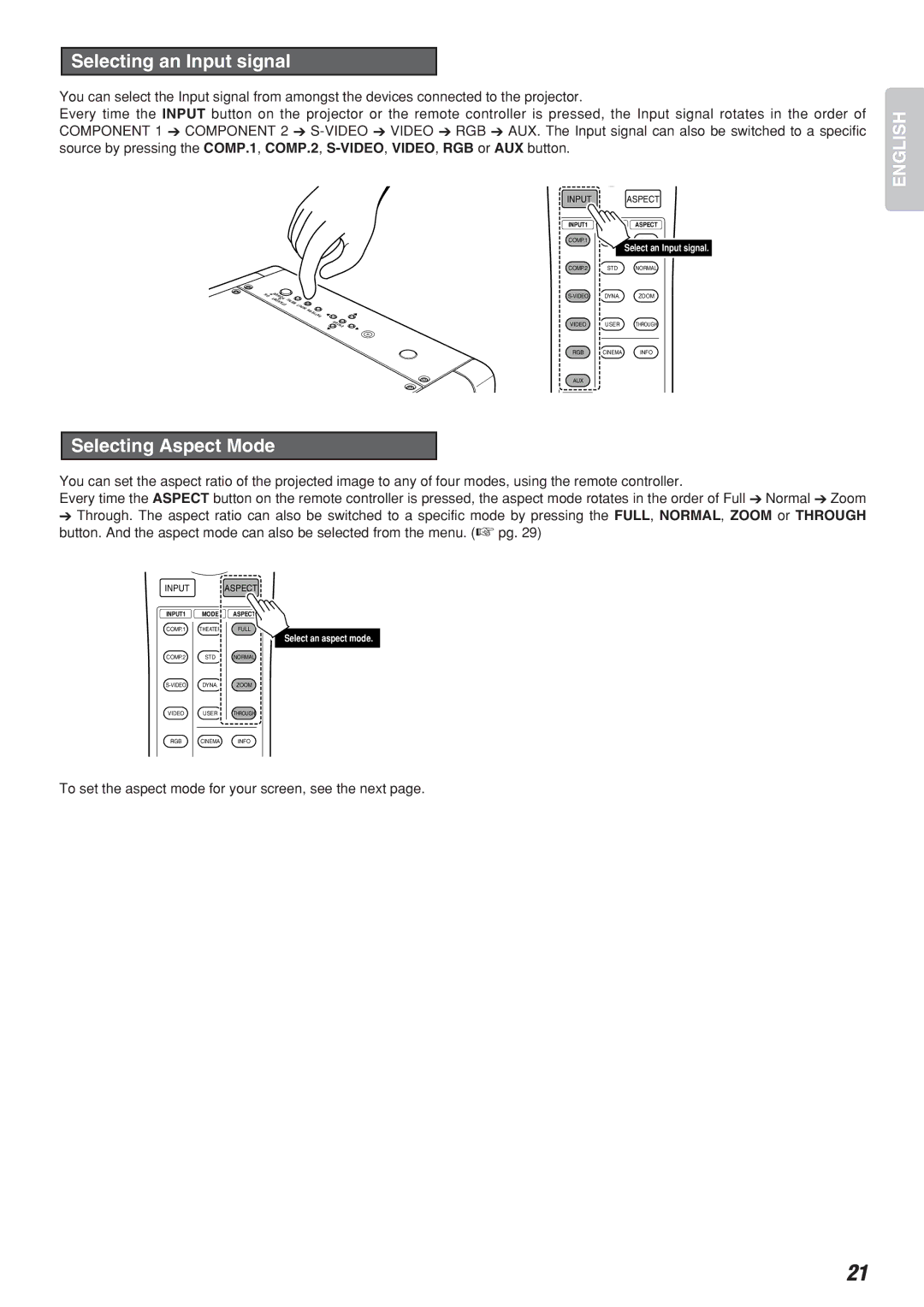 Marantz Model VP-10S1 manual Selecting an Input signal, Selecting Aspect Mode 