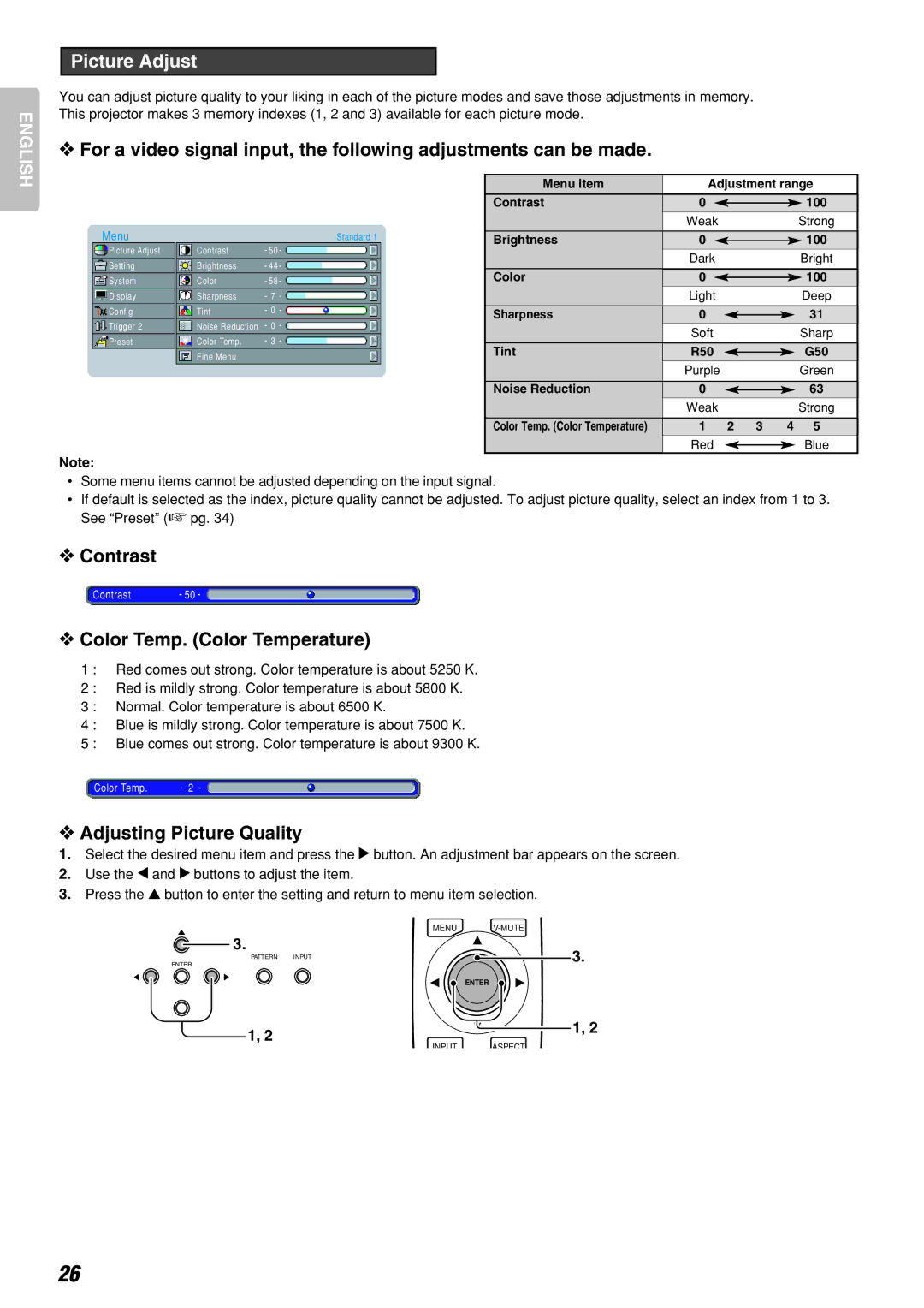 Marantz Model VP-10S1 manual Picture Adjust, Contrast, Color Temp. Color Temperature, Adjusting Picture Quality 