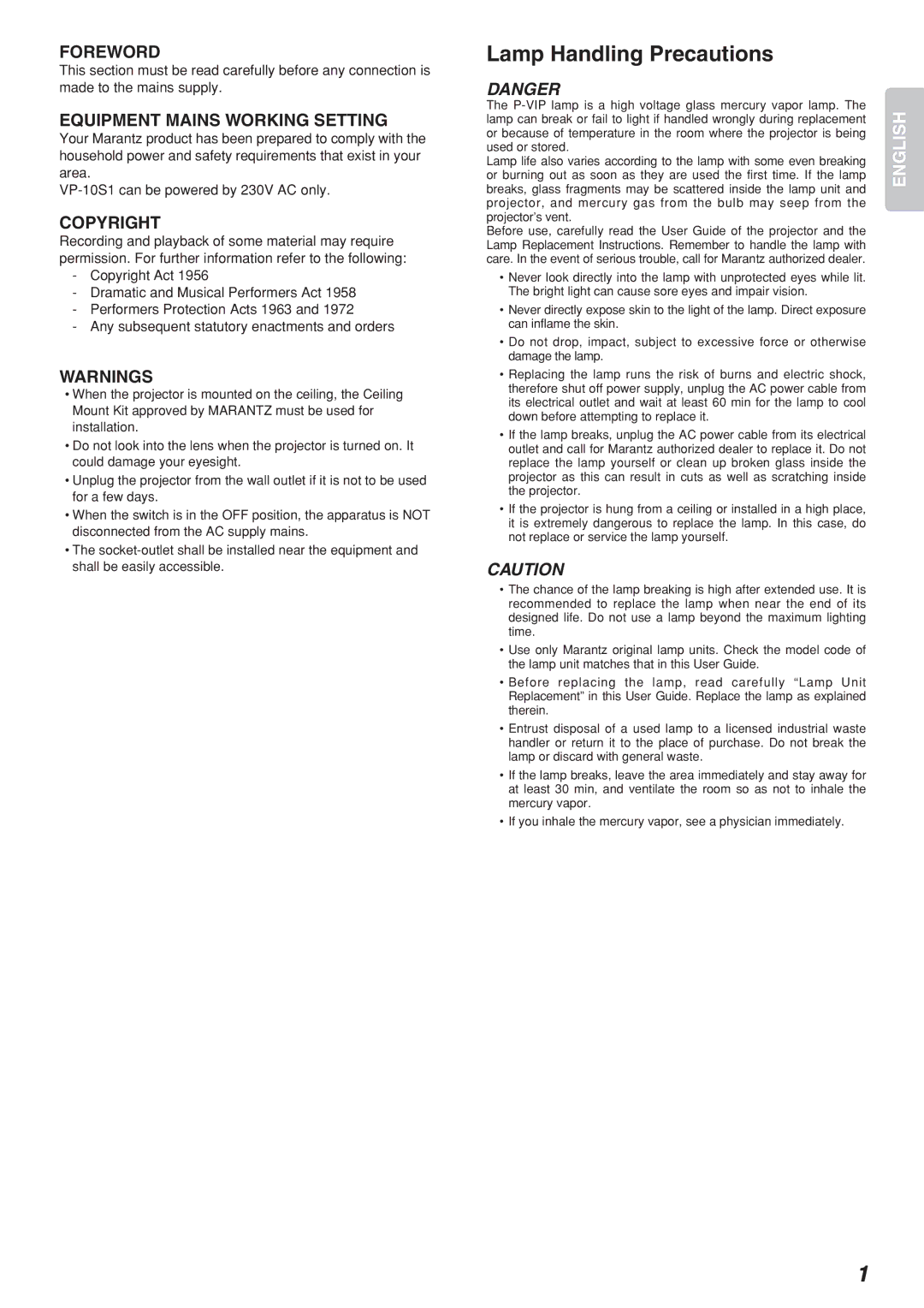 Marantz Model VP-10S1 manual Lamp Handling Precautions 