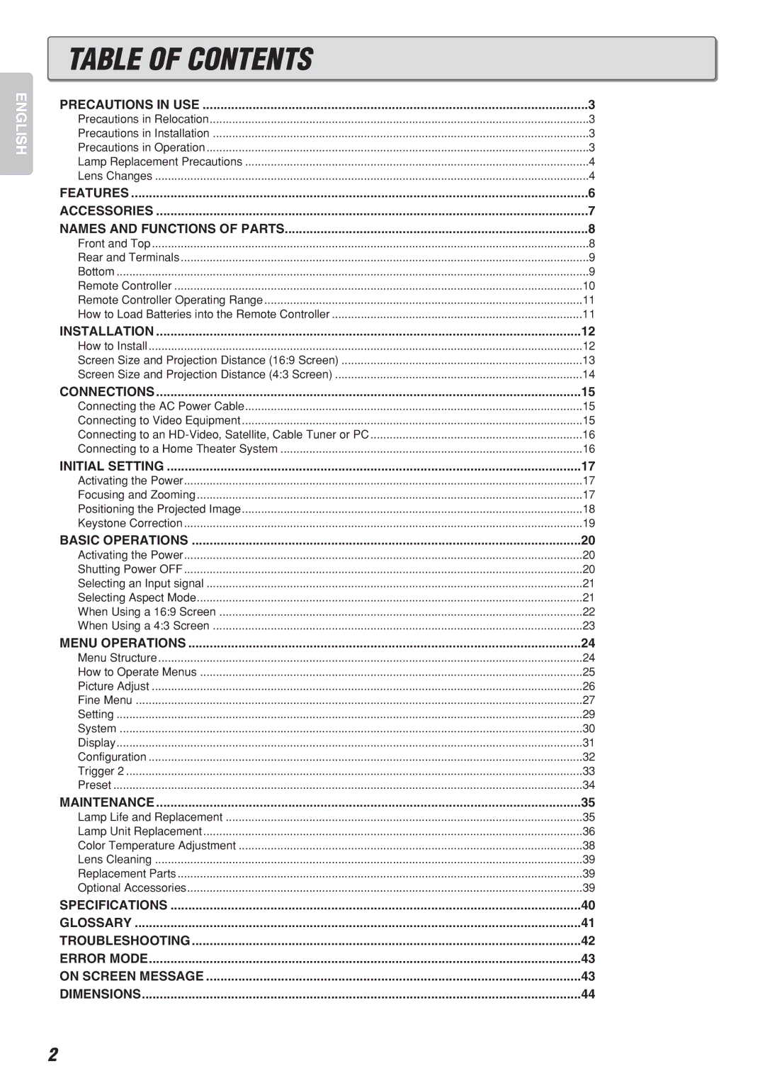 Marantz Model VP-10S1 manual Table of Contents 