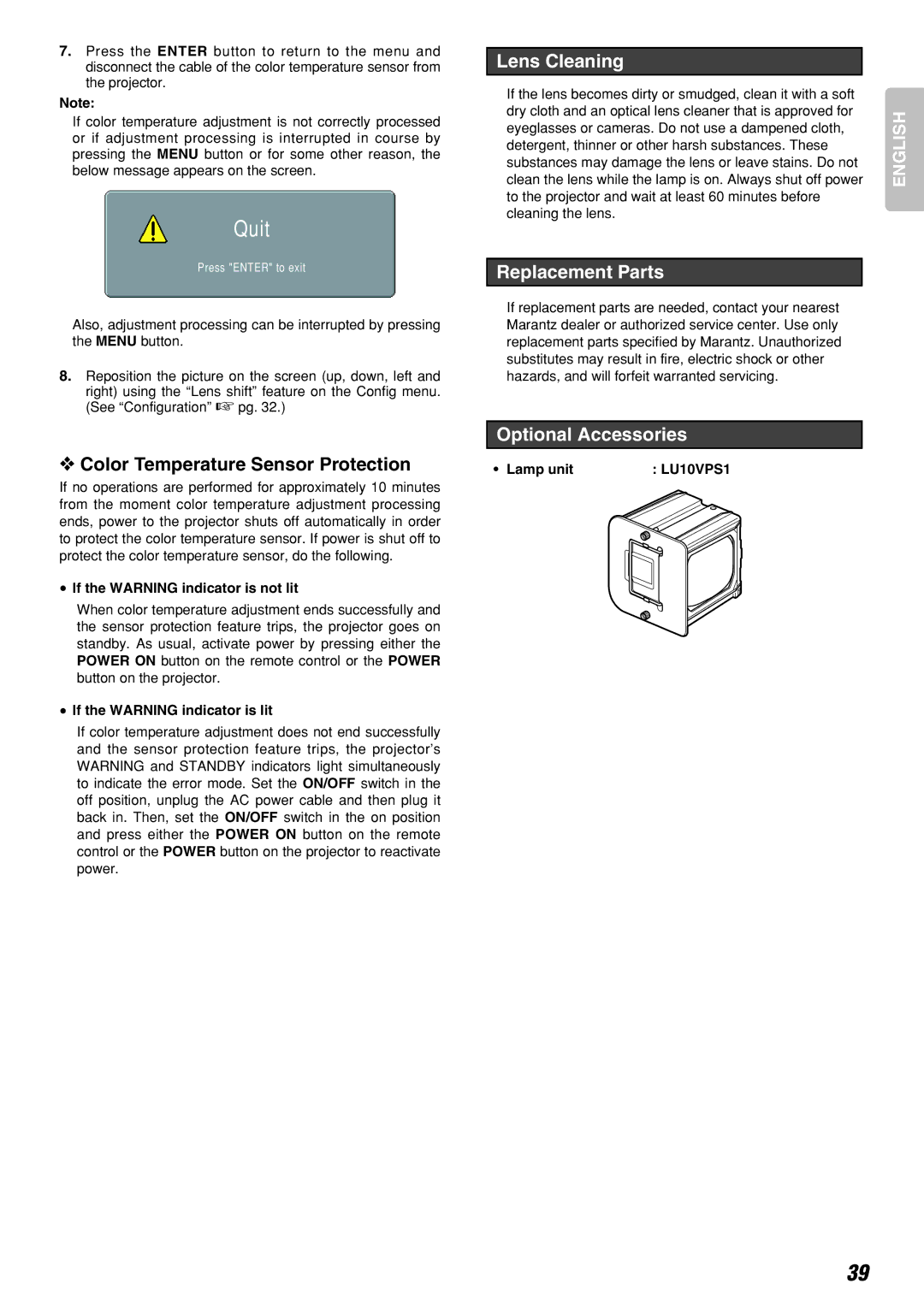 Marantz Model VP-10S1 manual Color Temperature Sensor Protection, Lens Cleaning, Replacement Parts, Optional Accessories 