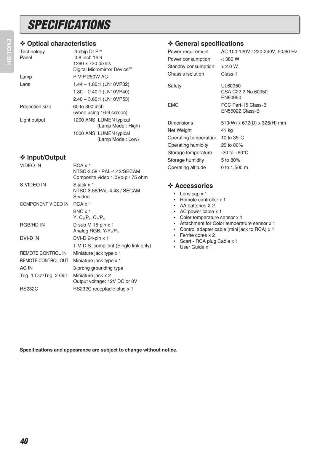 Marantz Model VP-10S1 manual Specifications, Optical characteristics, Input/Output, General specifications, Accessories 