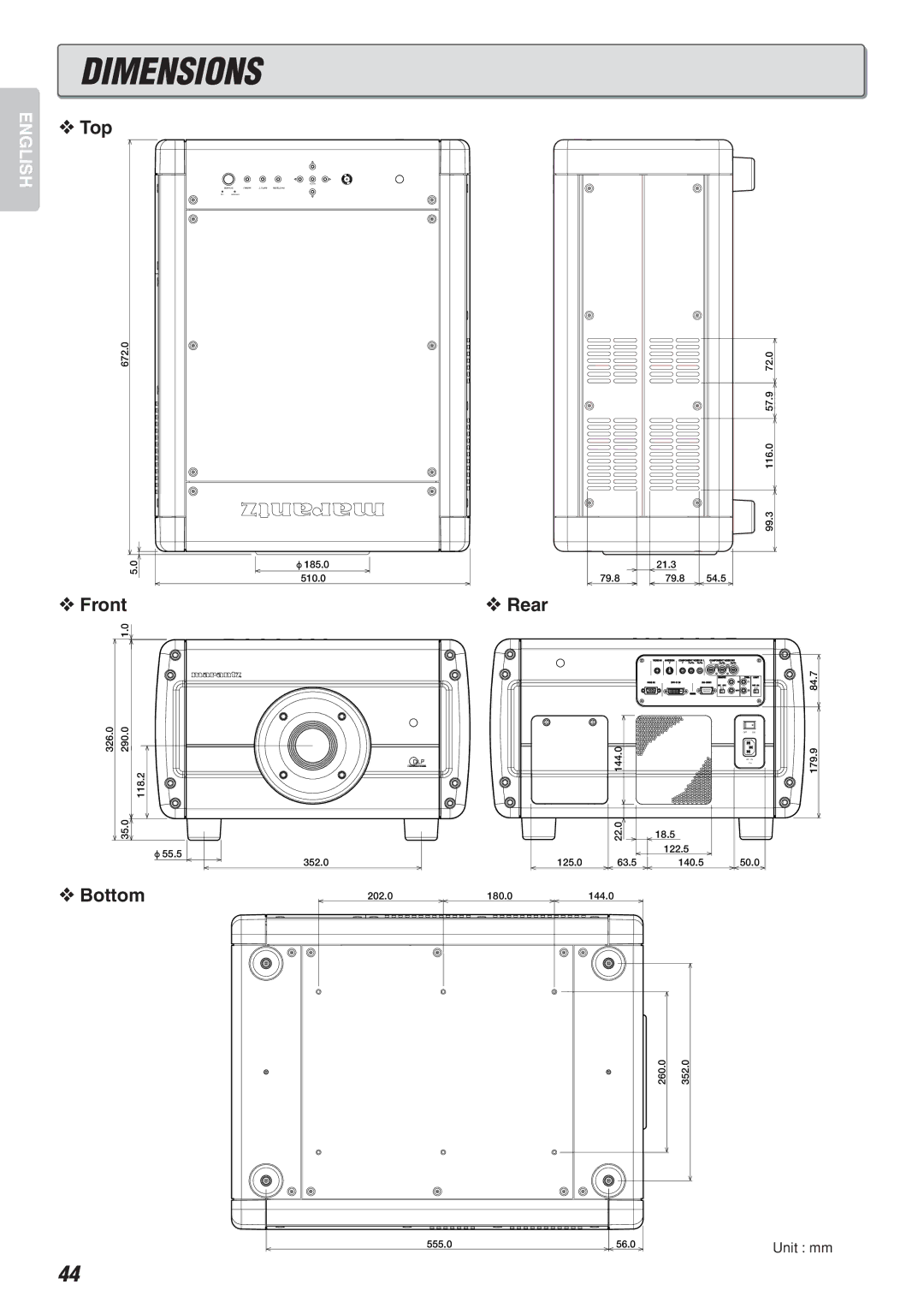 Marantz Model VP-10S1 manual Dimensions, Top, Front, Rear 