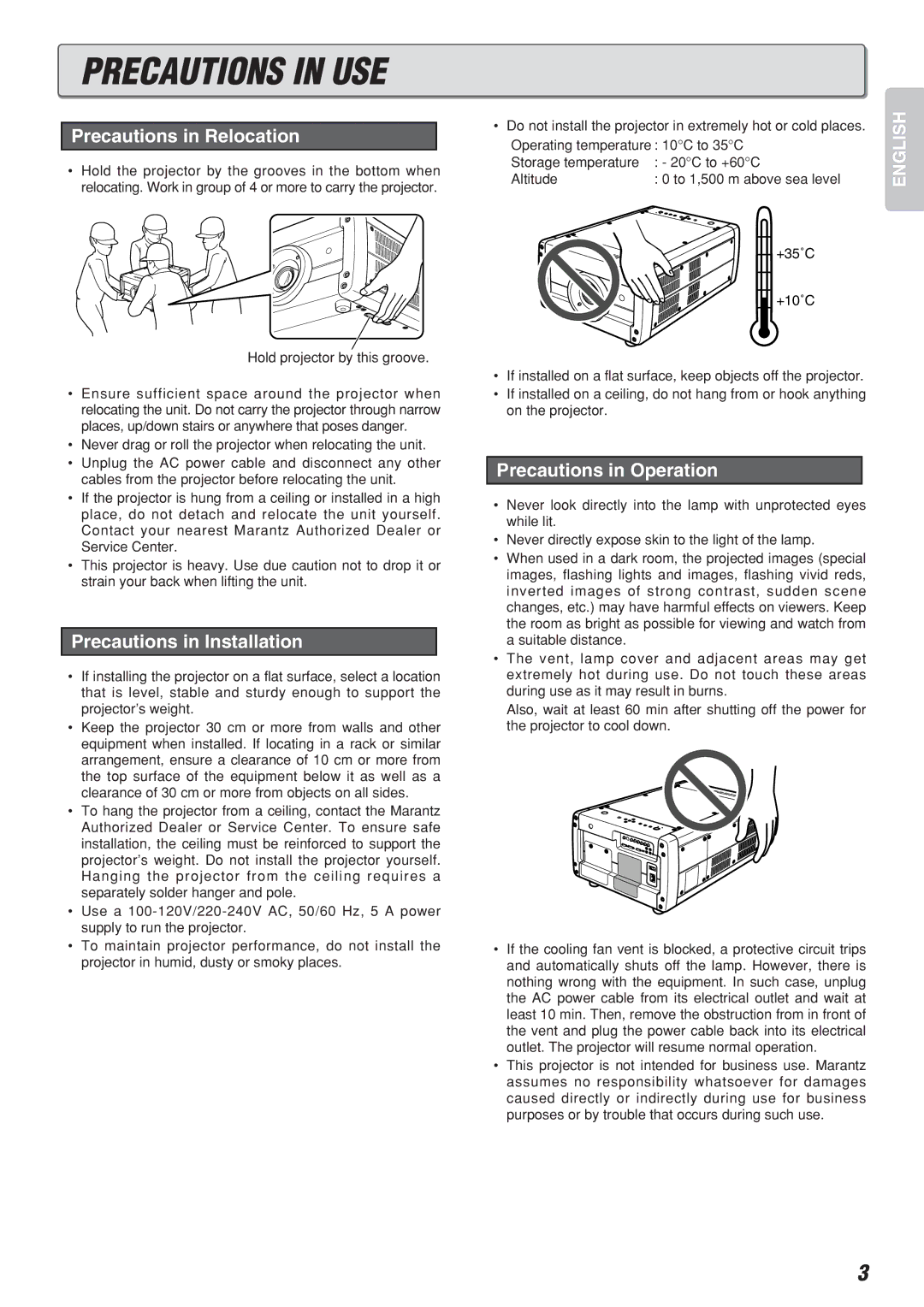 Marantz Model VP-10S1 Precautions in USE, Precautions in Relocation, Precautions in Installation, Precautions in Operation 