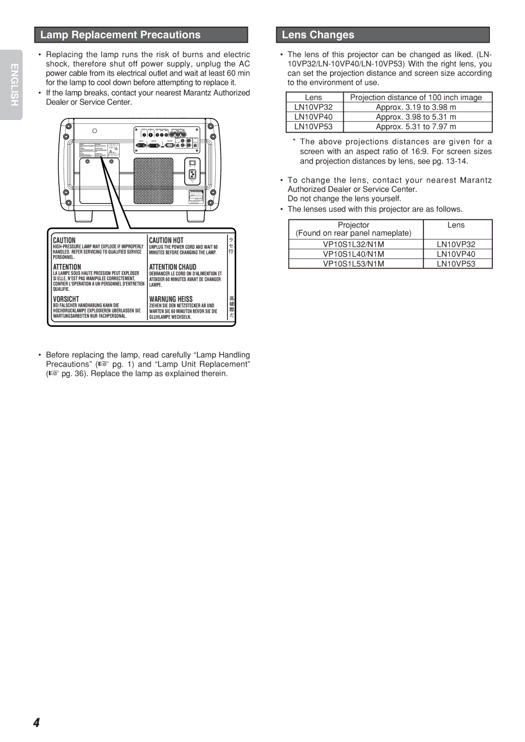 Marantz Model VP-10S1 manual Lamp Replacement Precautions, Lens Changes, Vorsicht, Warnung Heiss 